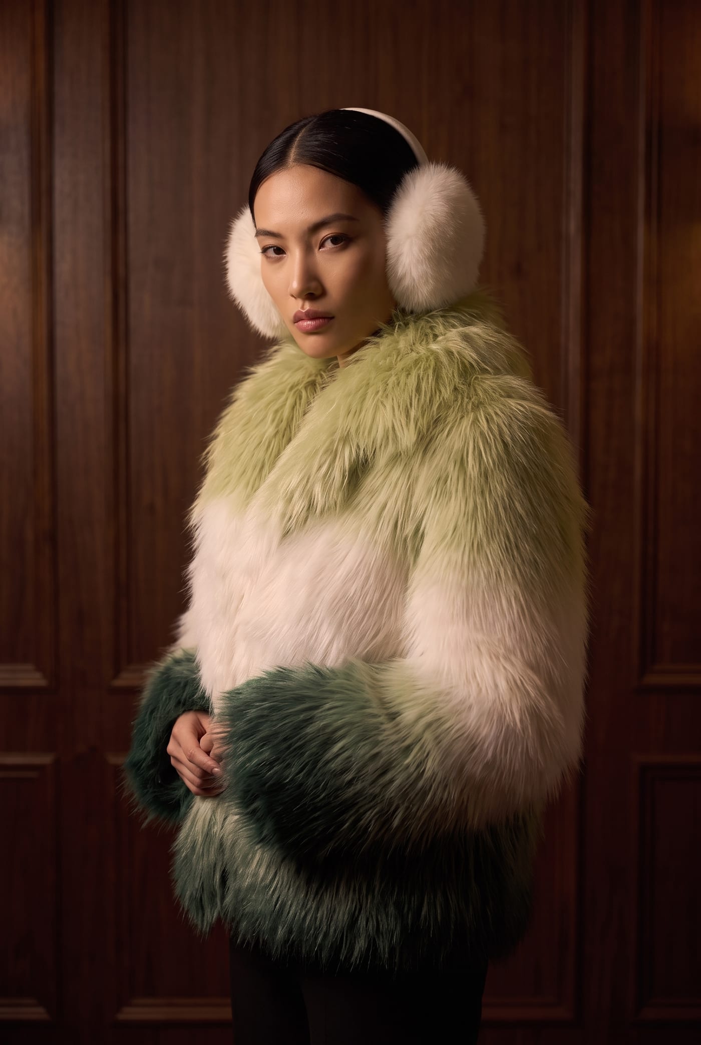 Ombre fox jacket in pistachio and pine with earmuffs