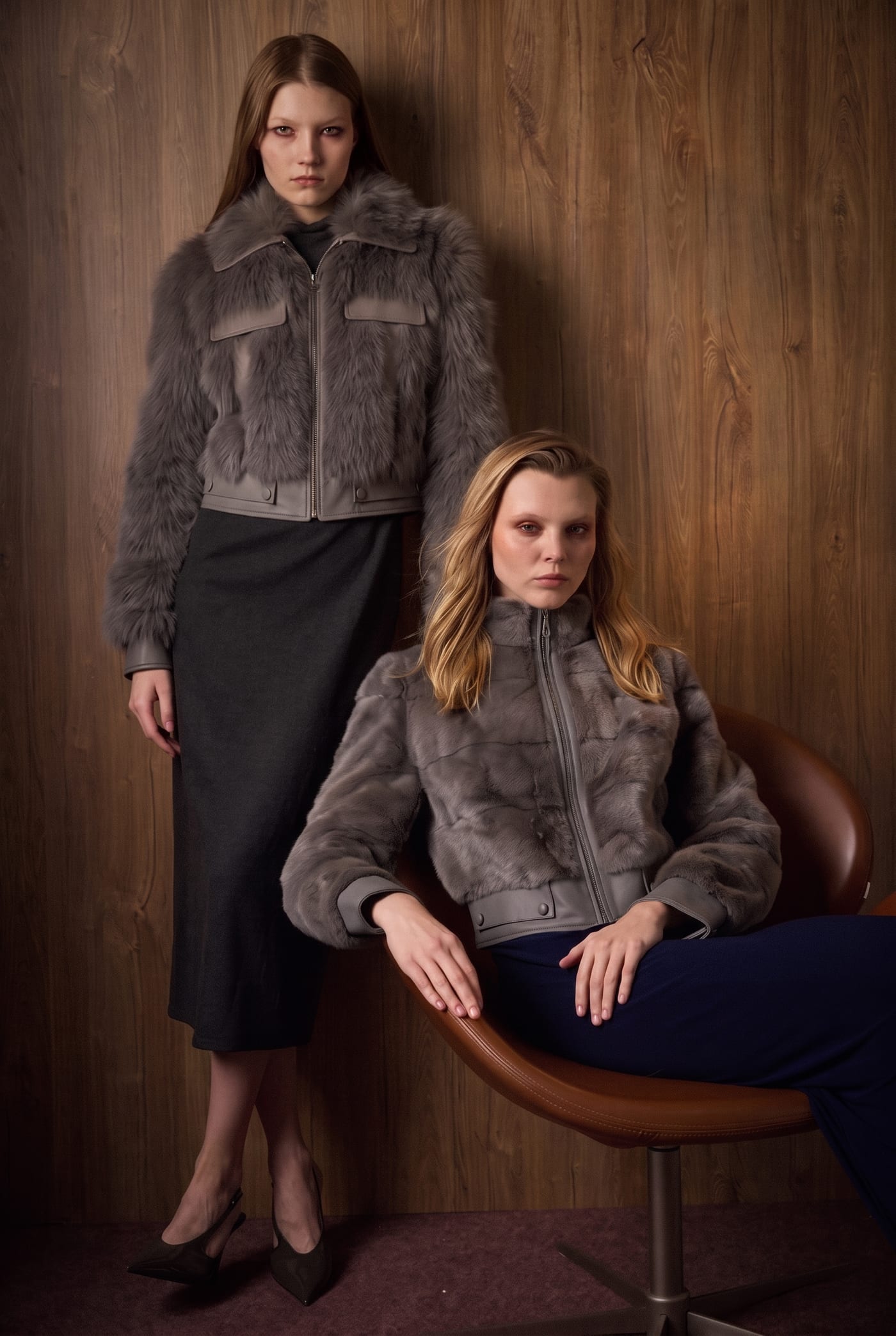 Grey shearling and grey mink bomber worn together