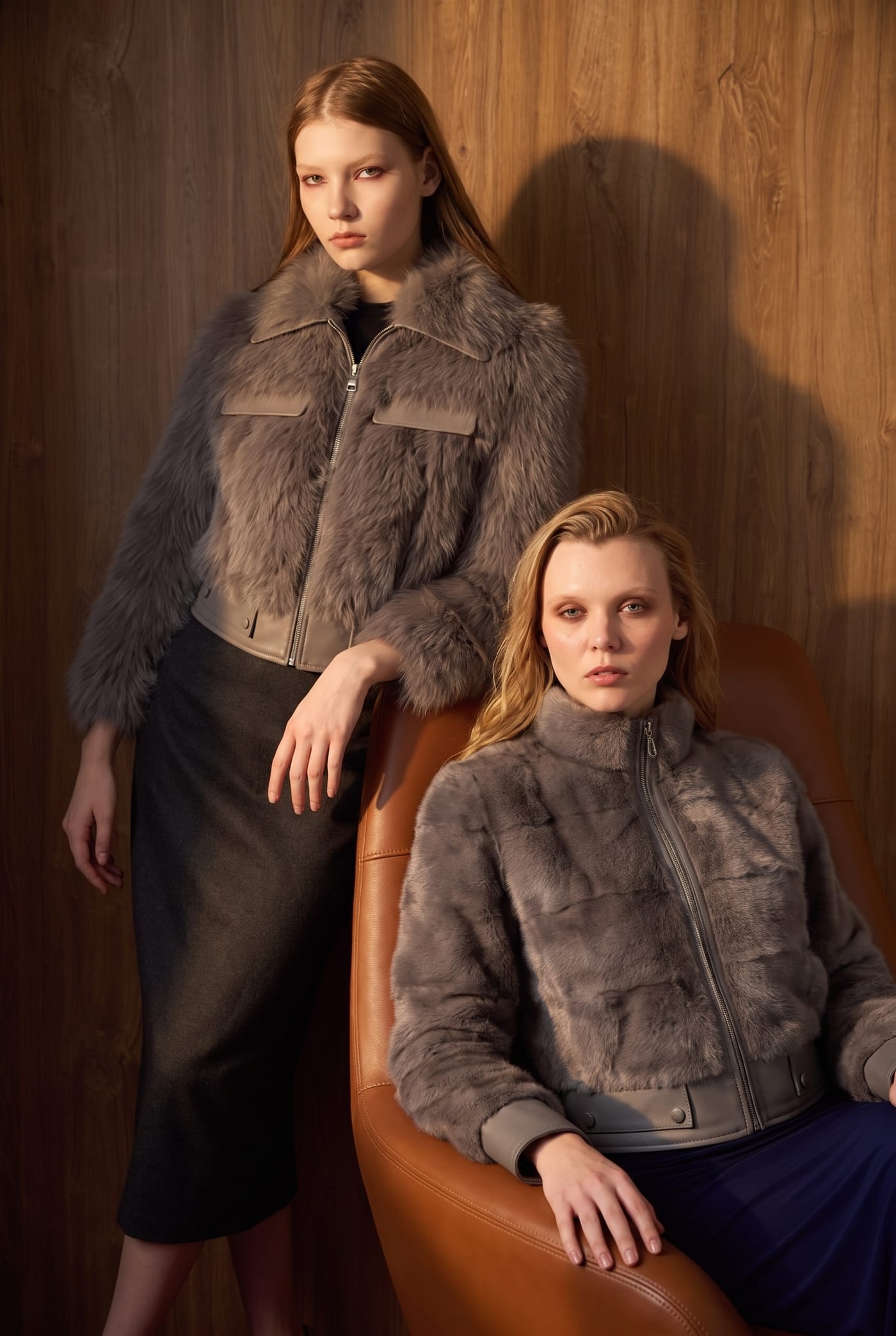 Style Skyler grey mink jacket with leather detailing, alternate view