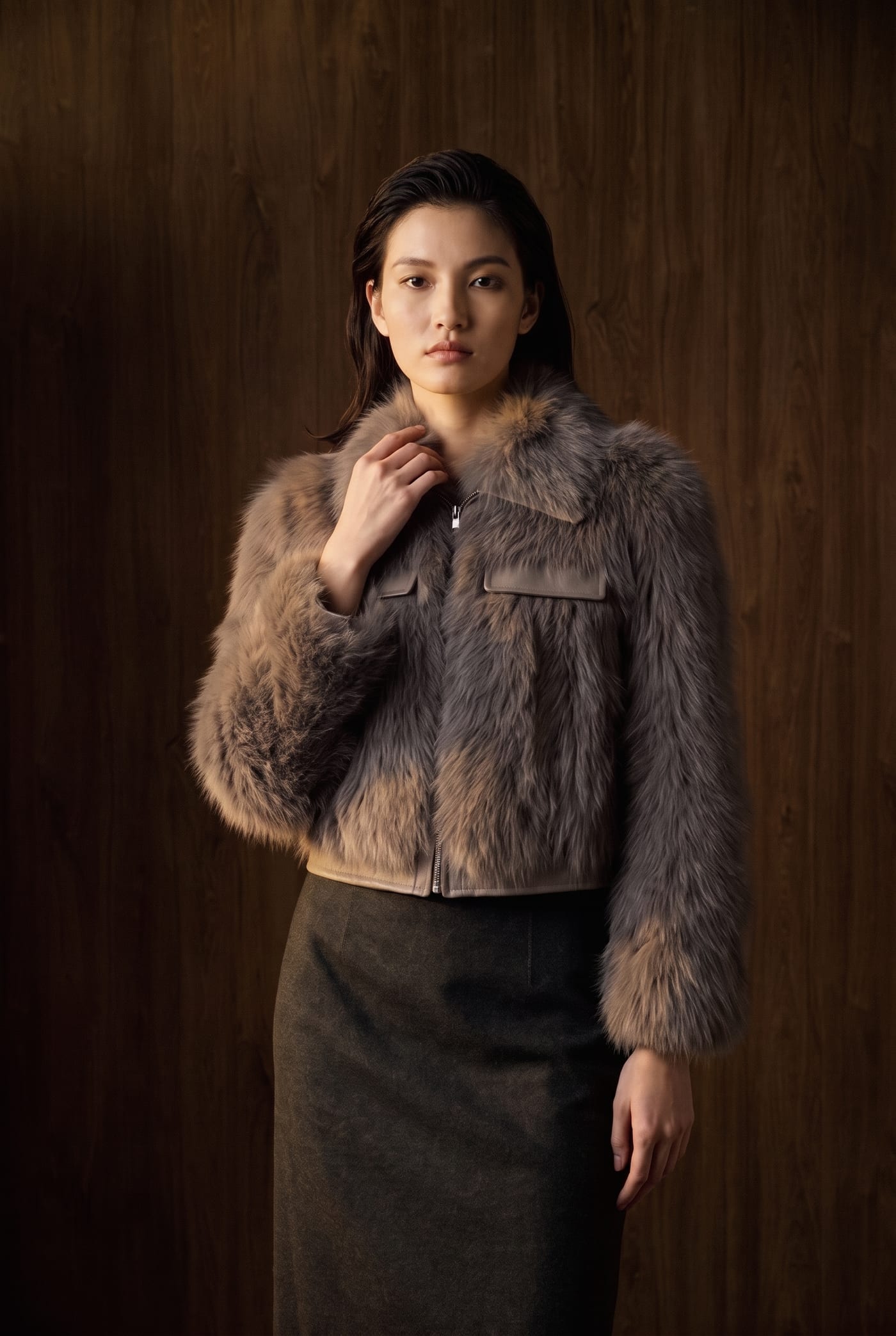Cropped grey fox zip jacket, front