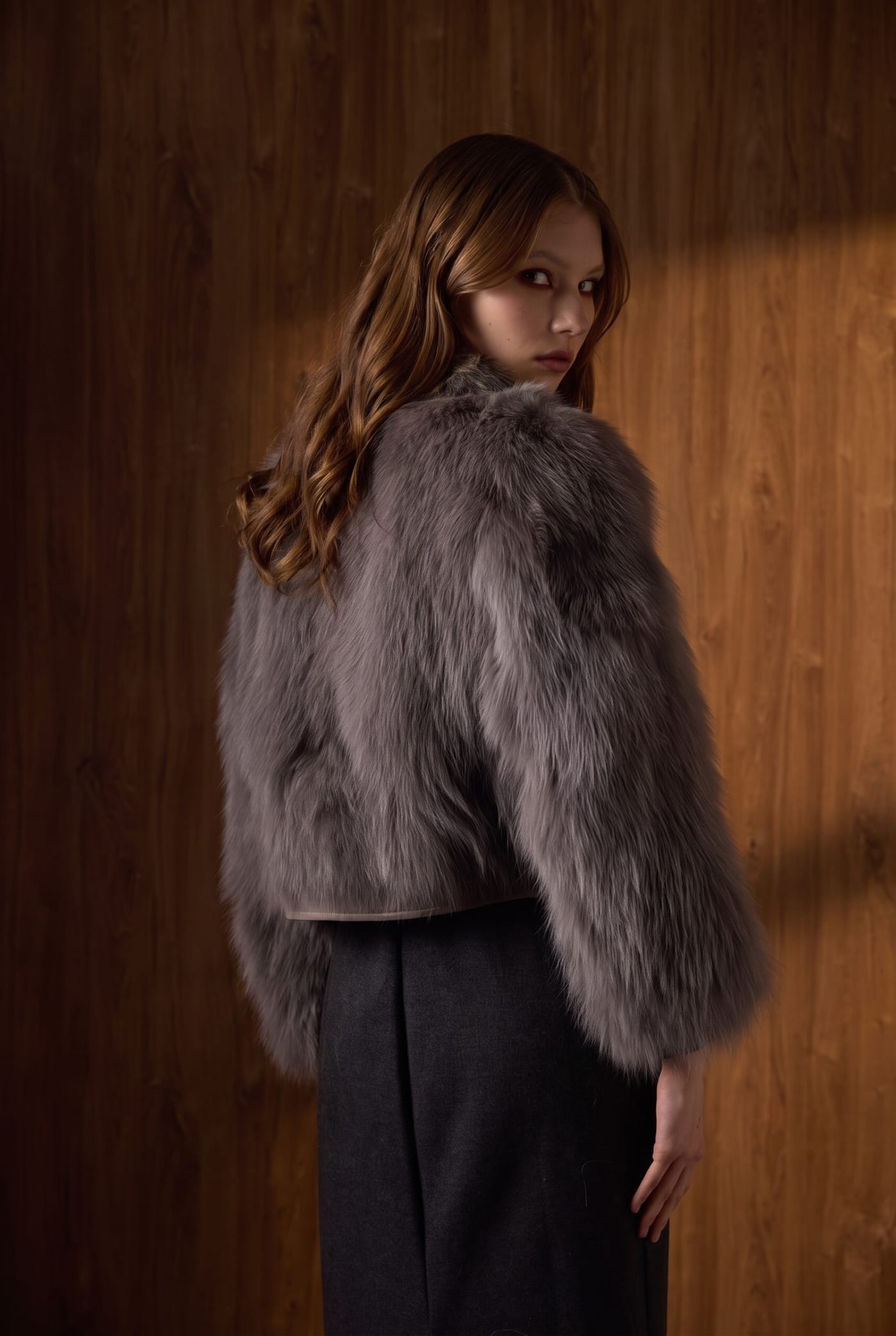 Cropped grey fox zip jacket, back view
