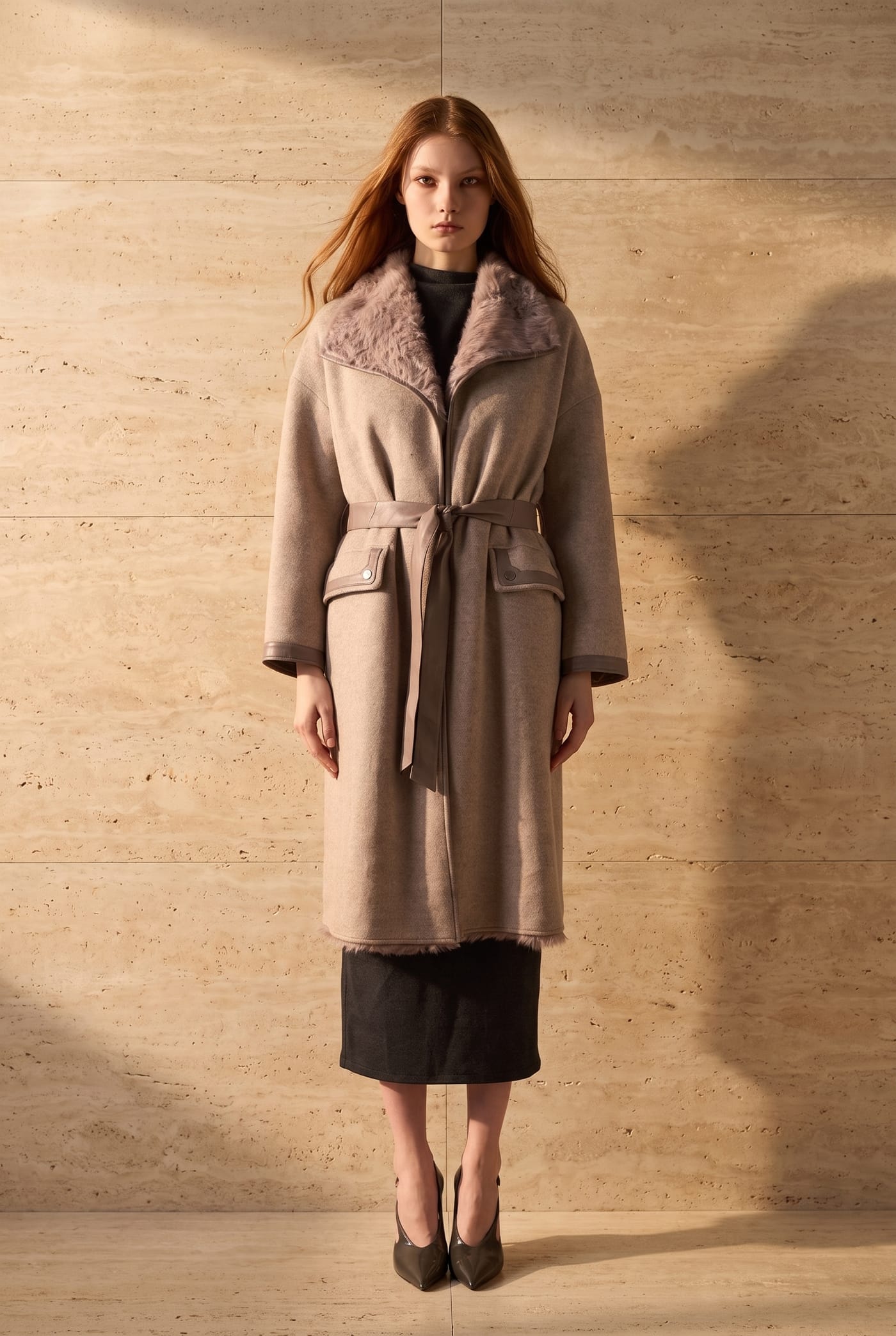 Style 39508 reversible belted coat in taupe, fur collar out