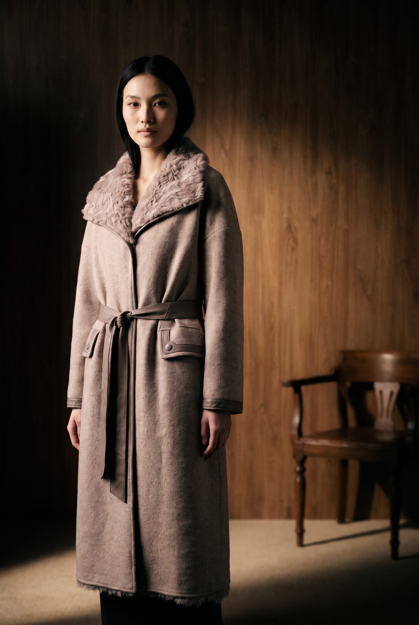 Long taupe belted coat with fur collar from the FRISSON AW 26/27 campaign