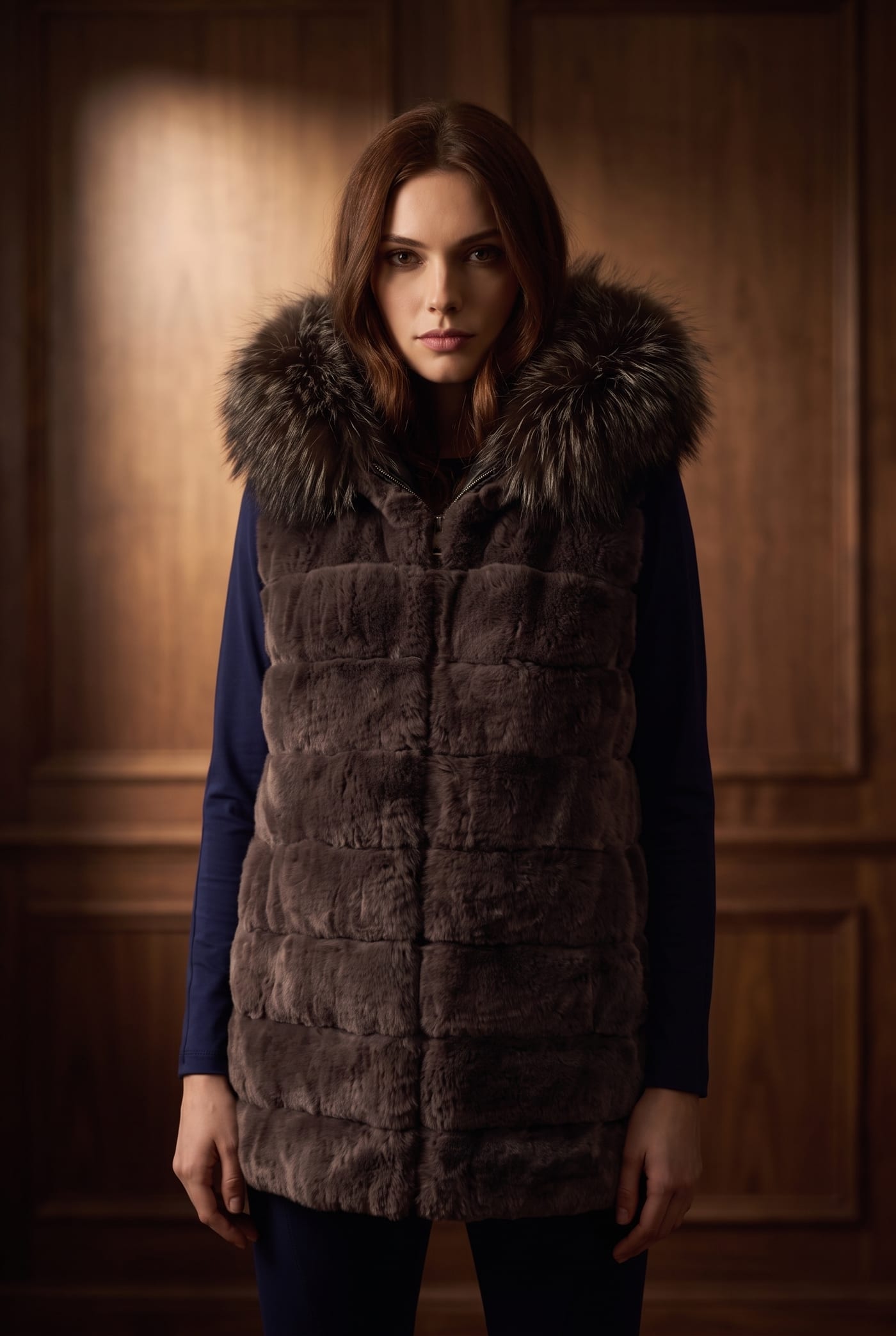 Style 183221 quilted fur gilet with fox-trimmed hood, front