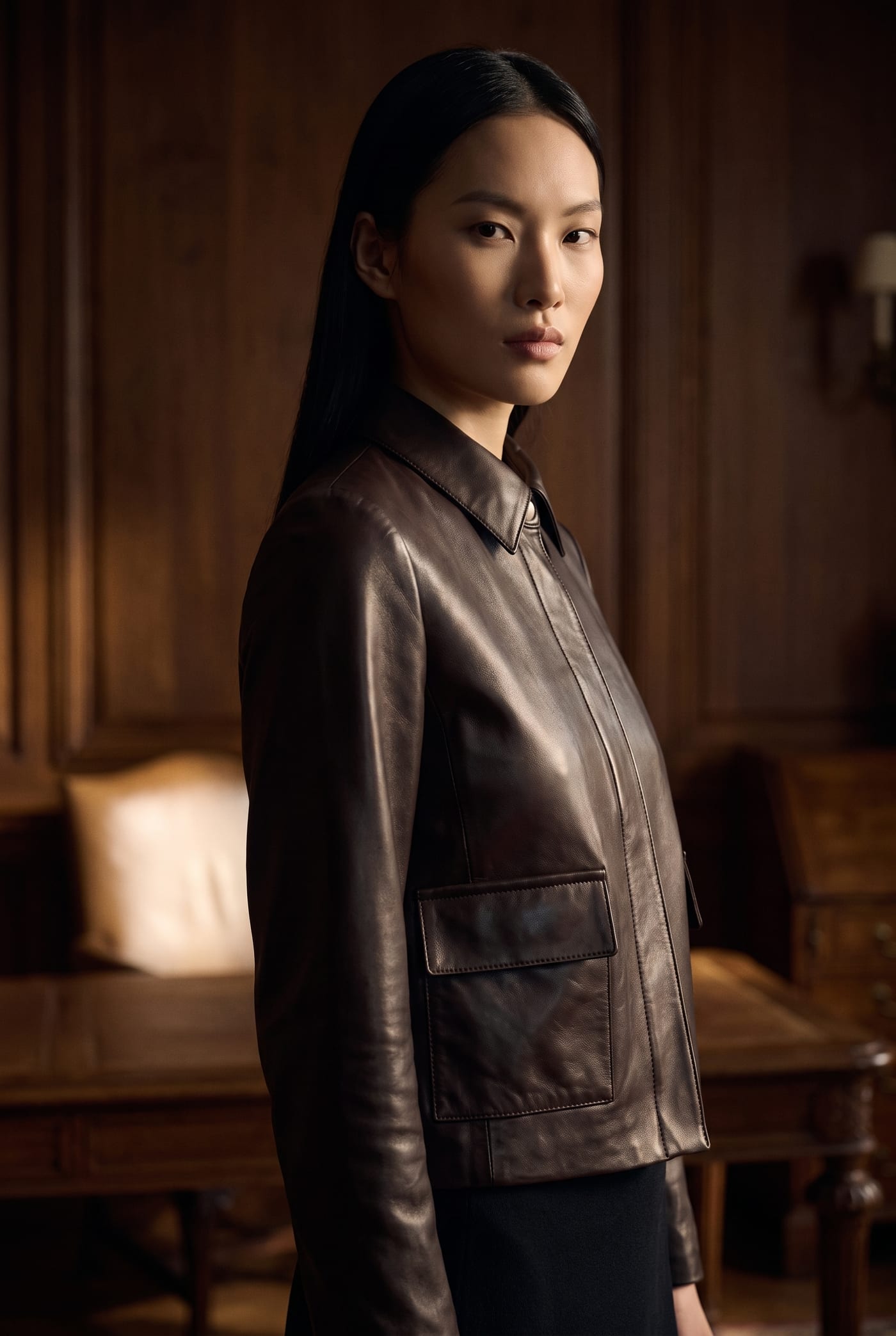 Espresso lambskin leather jacket, front