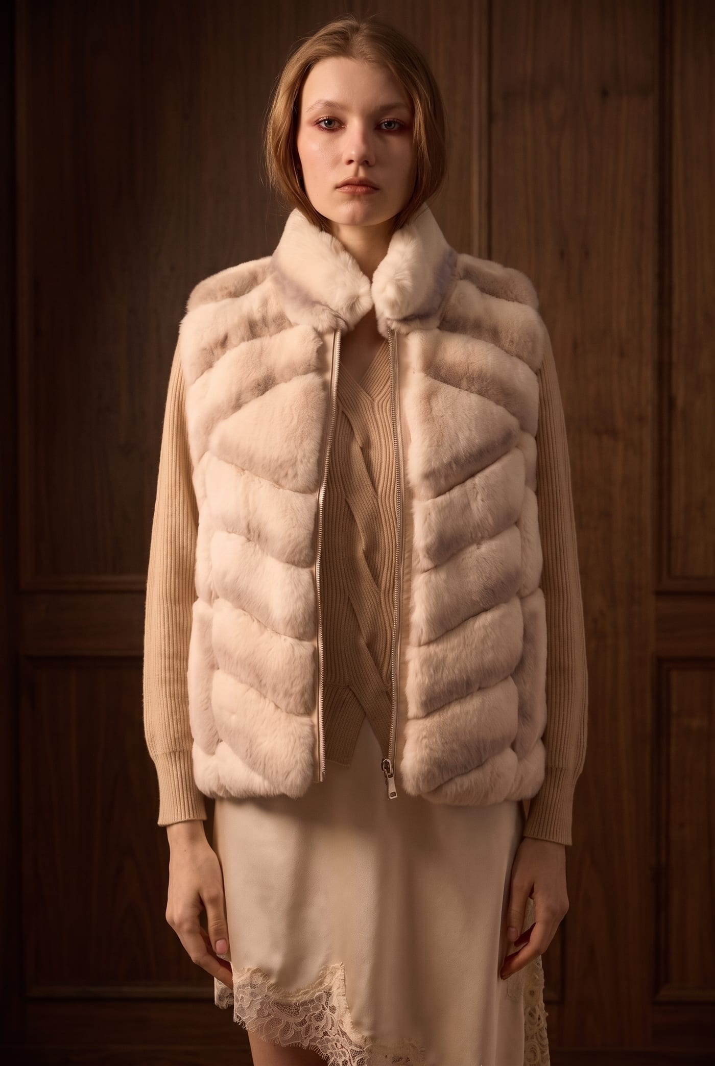 Style VELVIA-R rex rabbit vest in white chinchilla, front
