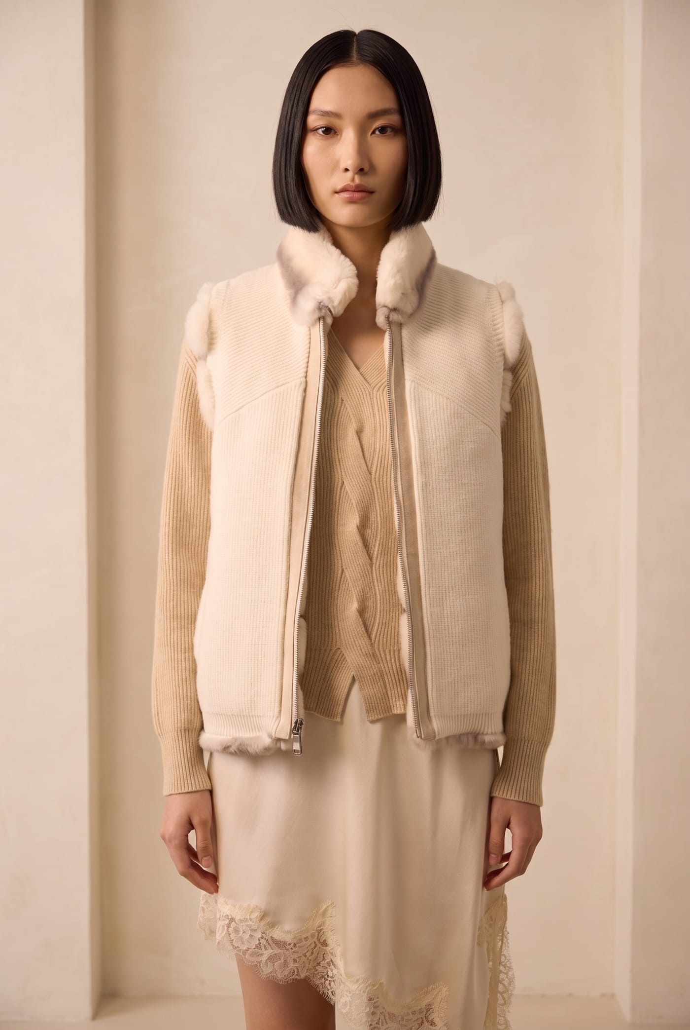 Style 2022-41 KNIT knit and rex rabbit gilet in ivory, standing