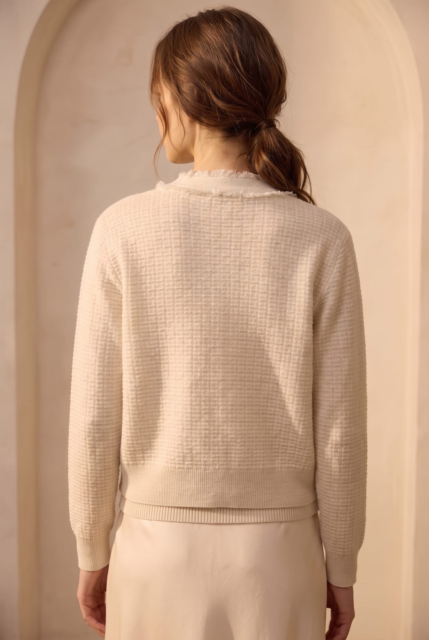 Waffle knit cardigan, back view
