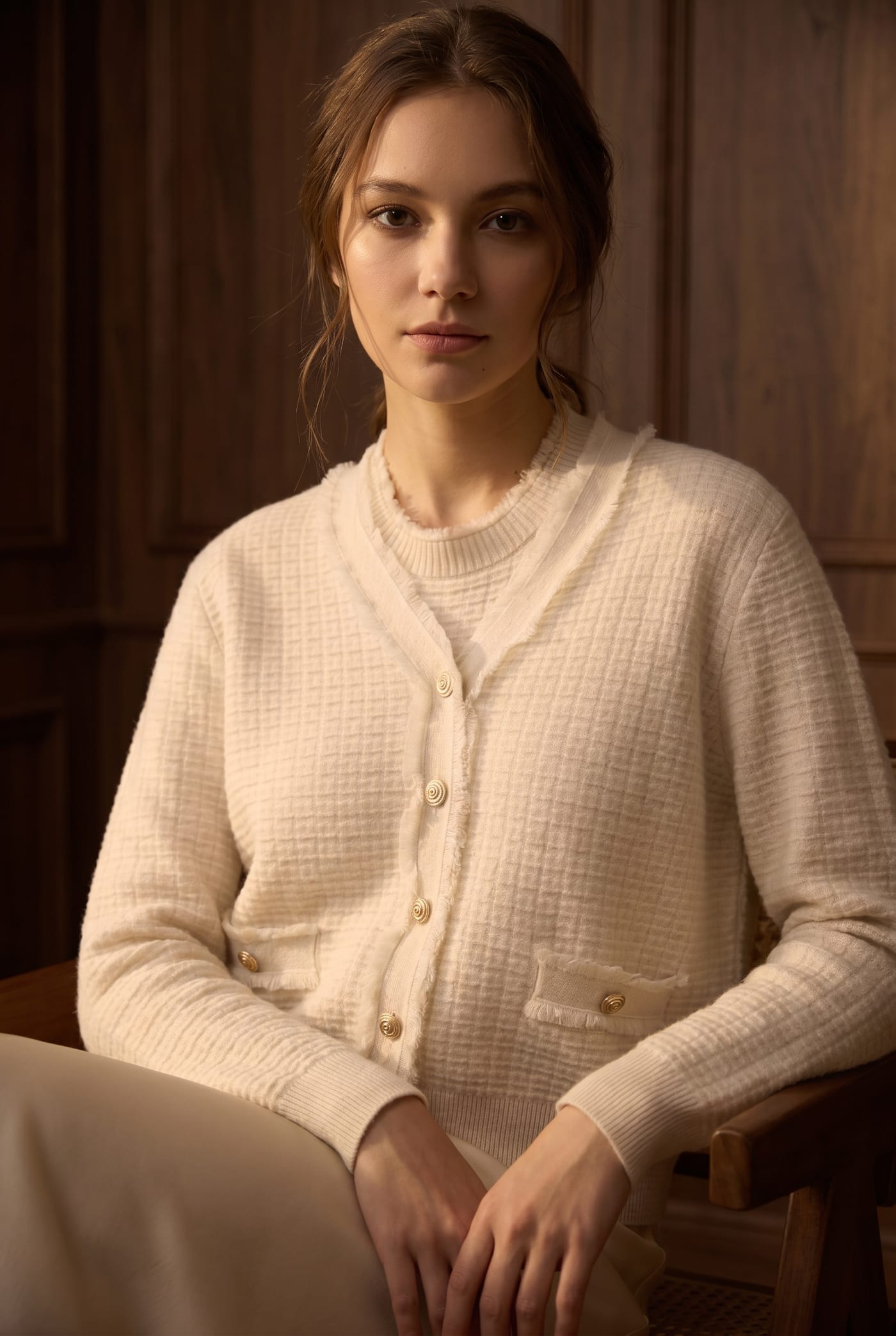 Cream waffle-knit cardigan with gold buttons