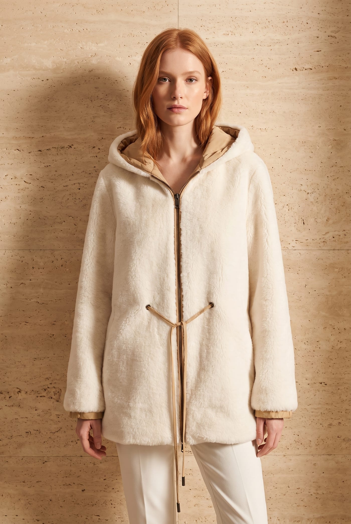 Style 19420-11 white faux fur parka, fur side out