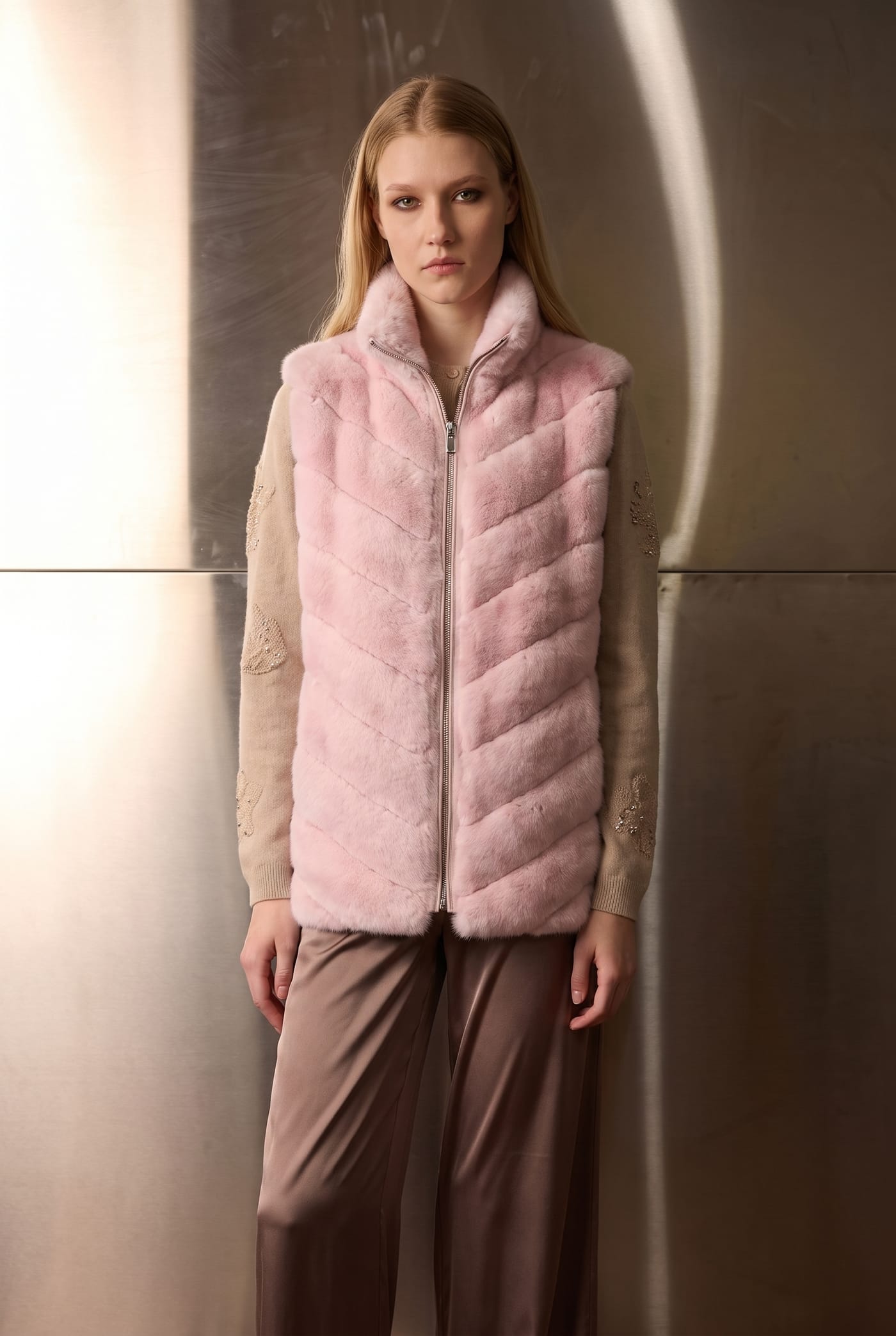 Style 20RX204 pink quilted rex gilet, front