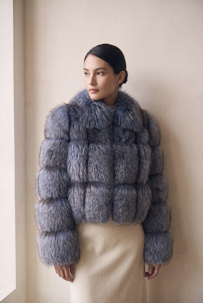 Silver fox jacket, worn