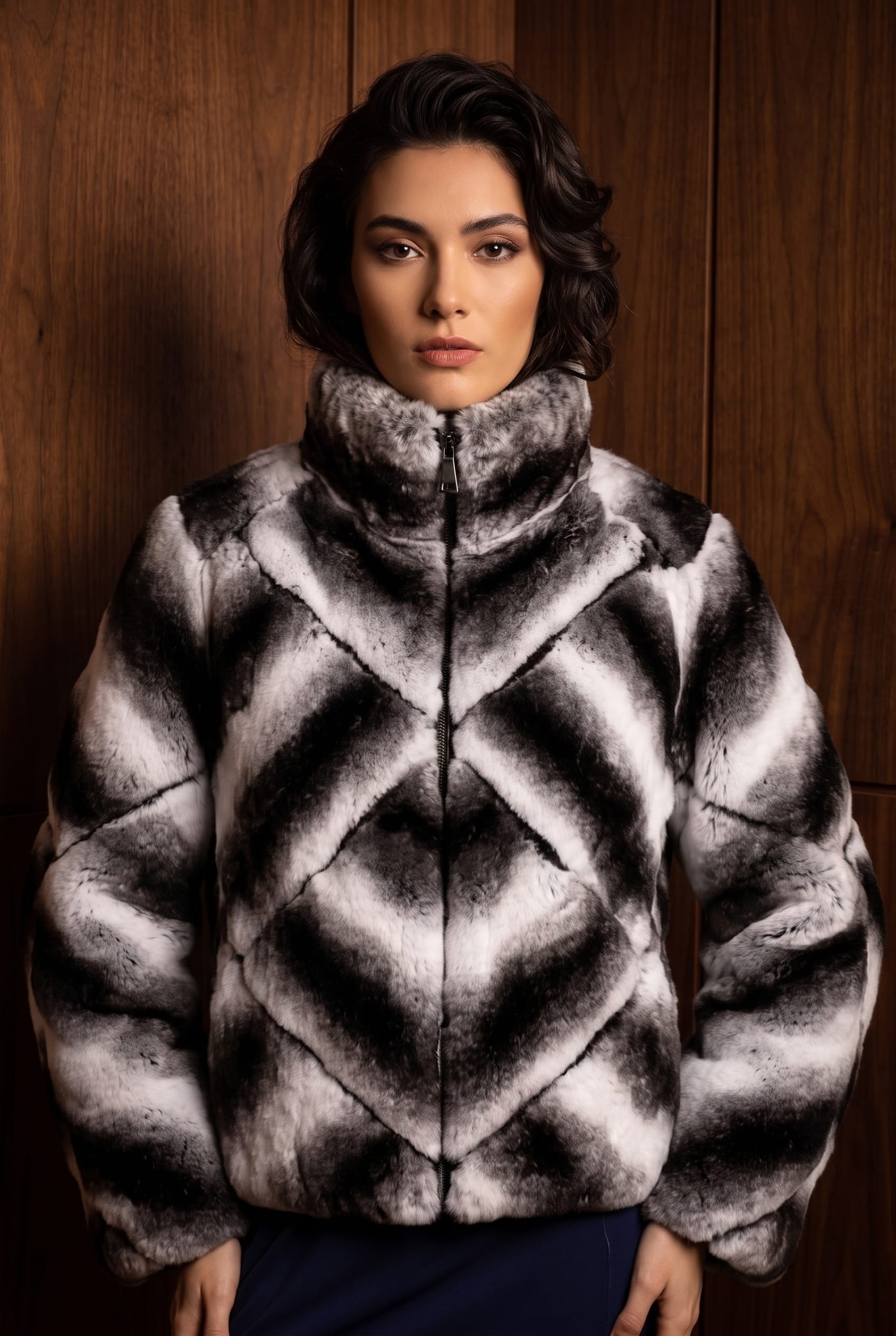 Style 21AV319 chinchilla-effect rex rabbit jacket, front