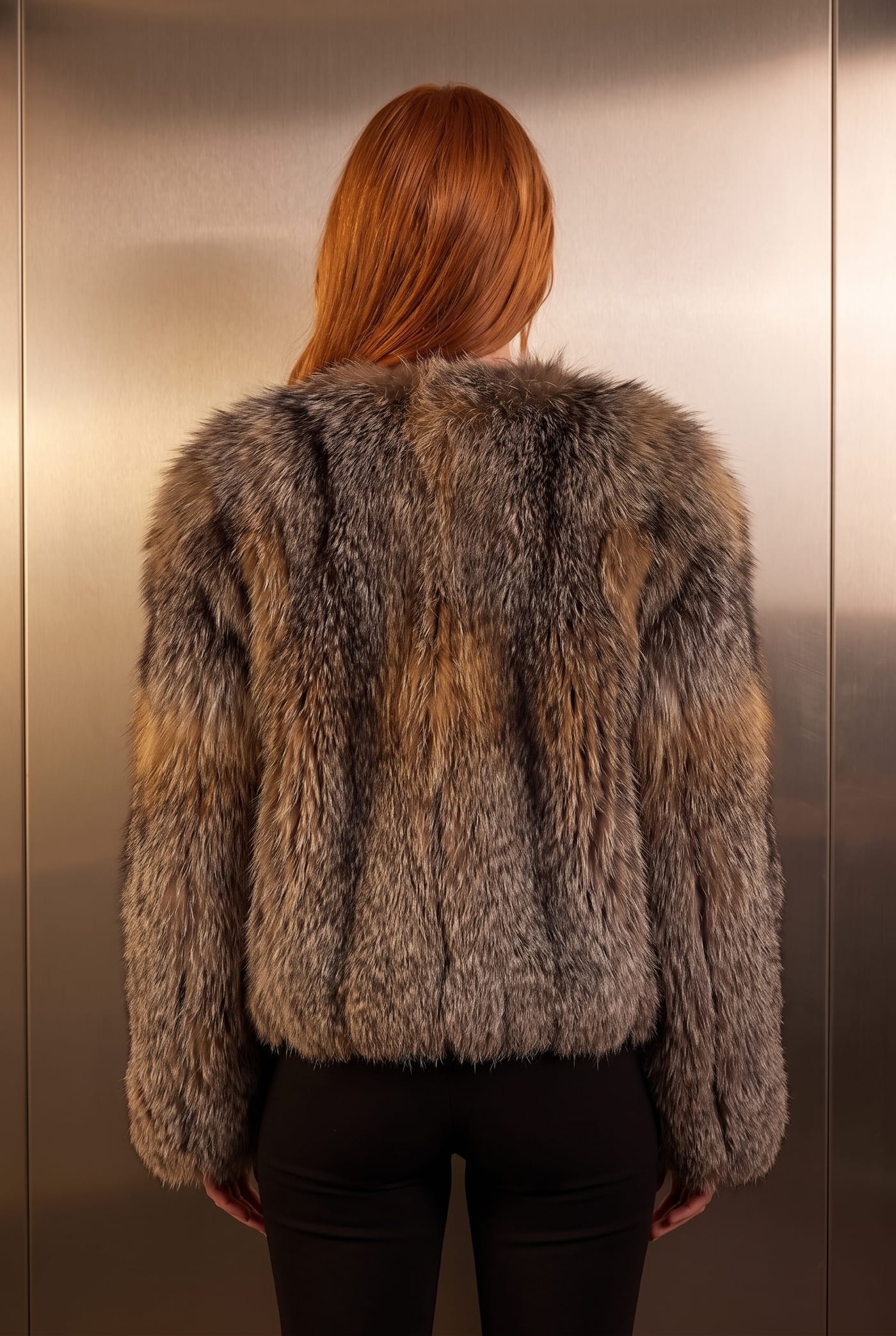 Style 2303 collarless fox jacket, back view