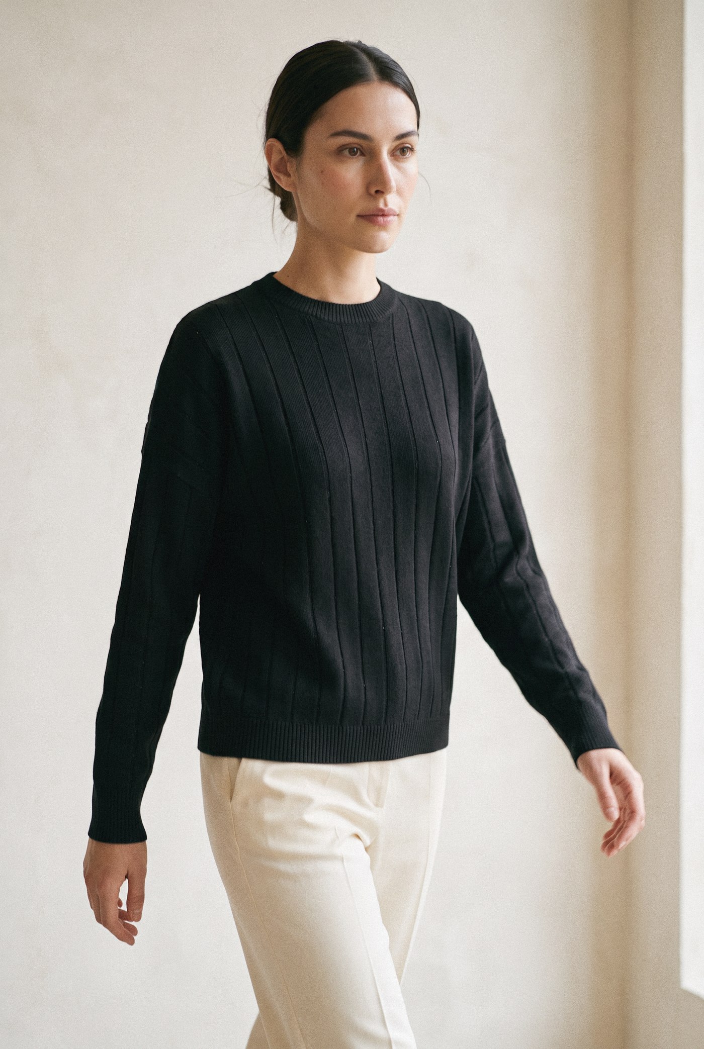 Style 237106TS black rhinestone line cashmere sweater, front