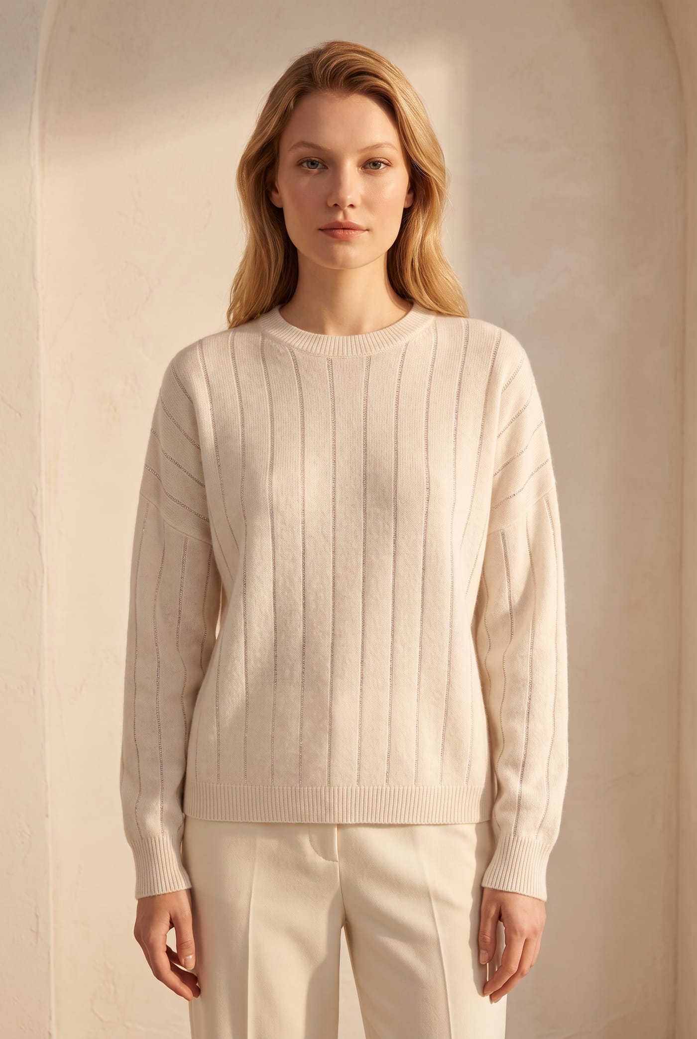 Style 237106TS beige rhinestone line sweater, front