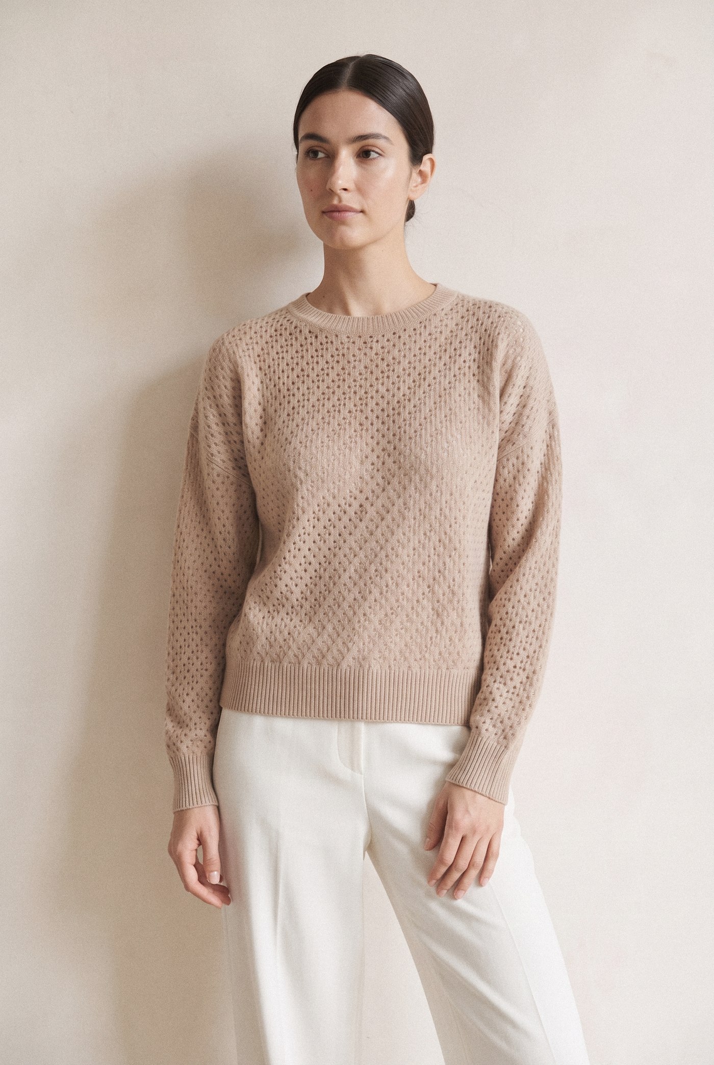 Style 23760 beige open-stitch cashmere crewneck, front