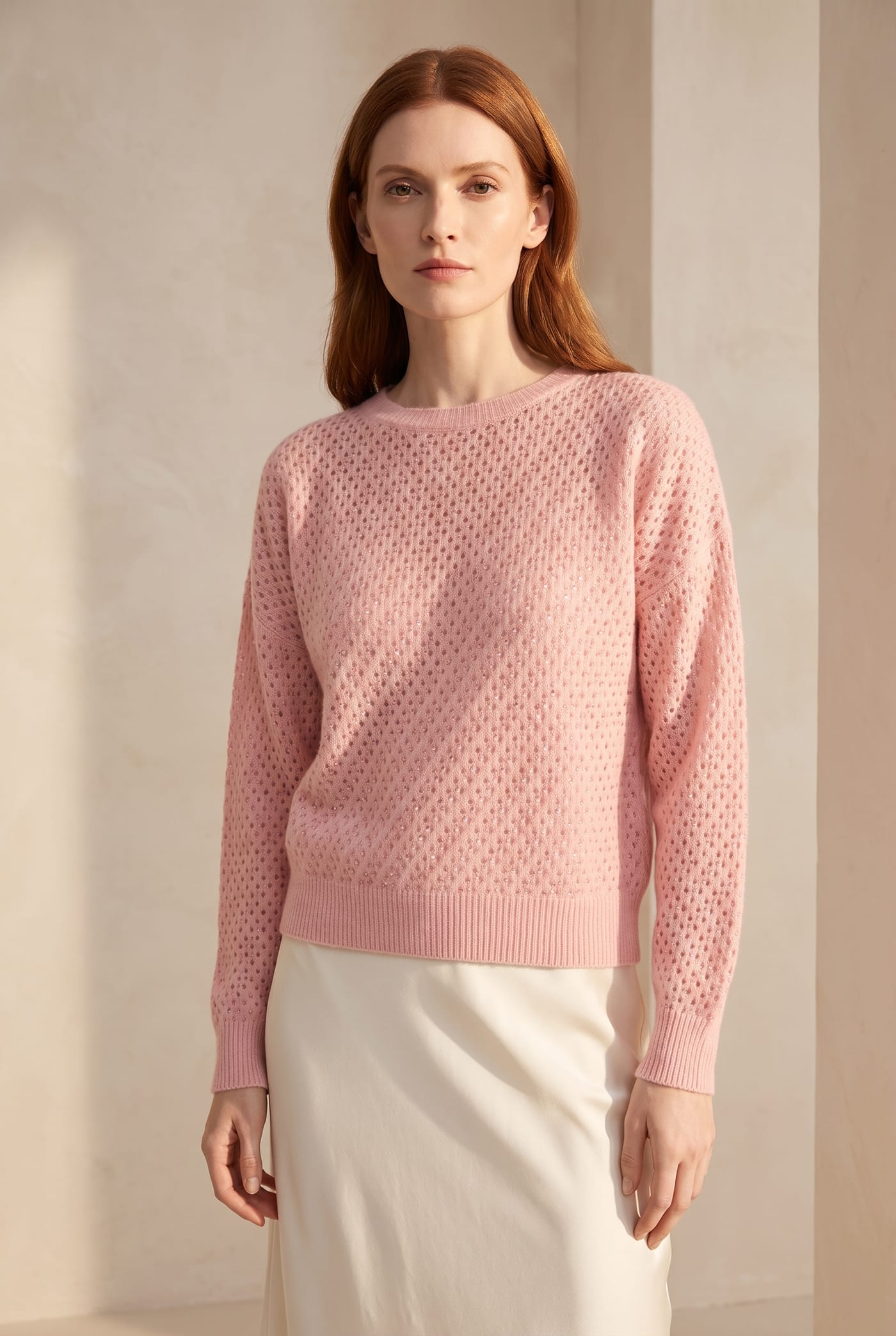 Style 23760 pink open-stitch cashmere crewneck, front