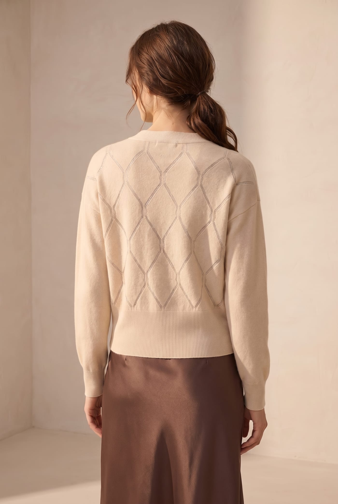 Style 23775 cashmere cardigan, back view