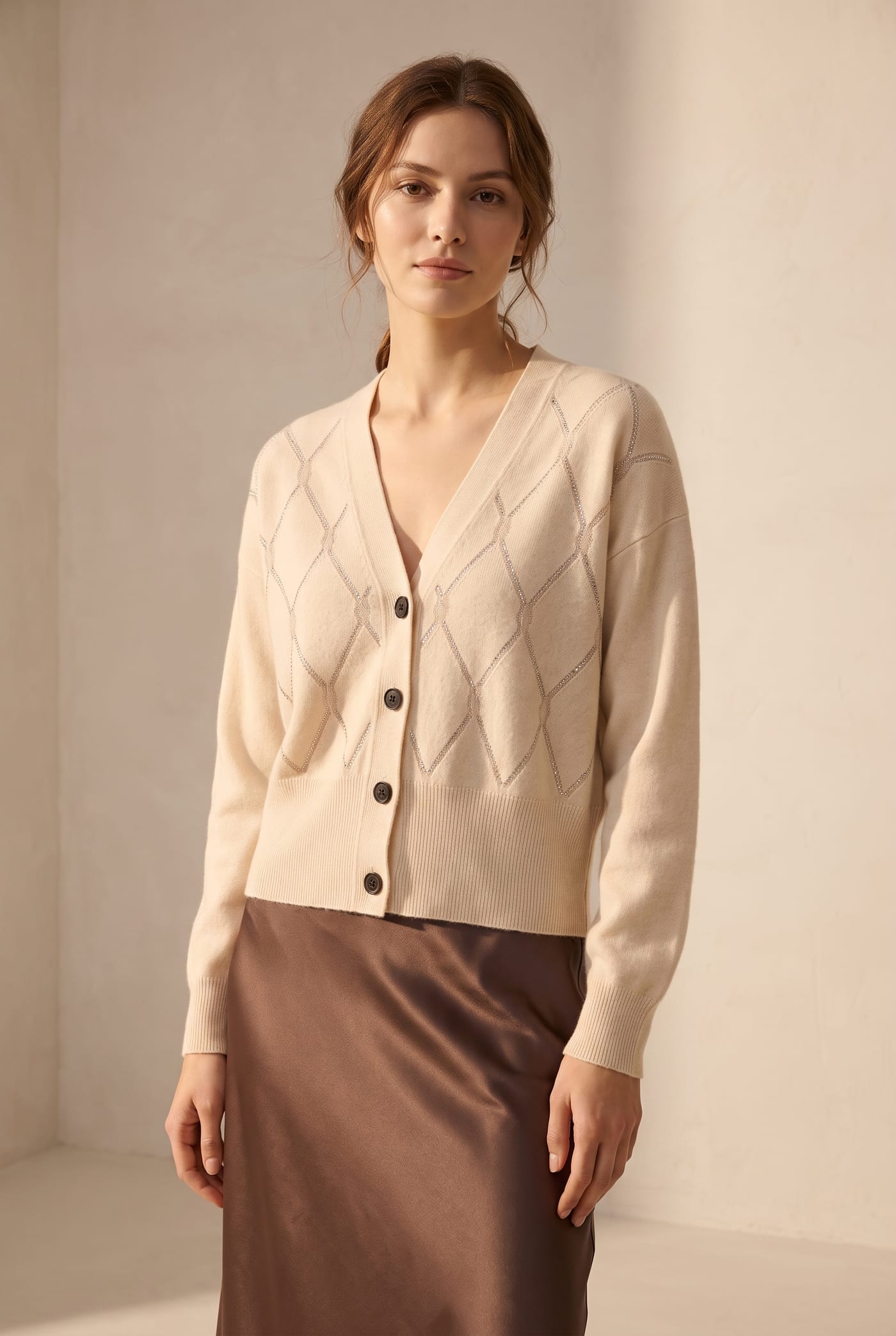 Style 23775 cream diamond-pattern cashmere cardigan