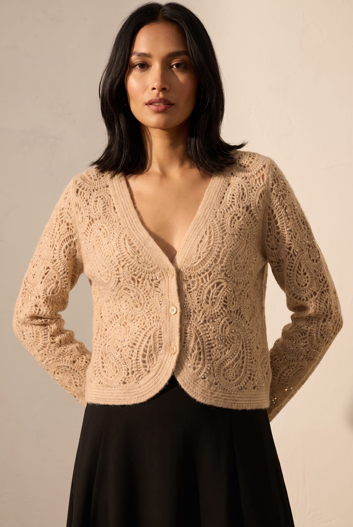 Style 24A618 crochet paisley cashmere cardigan in beige, front