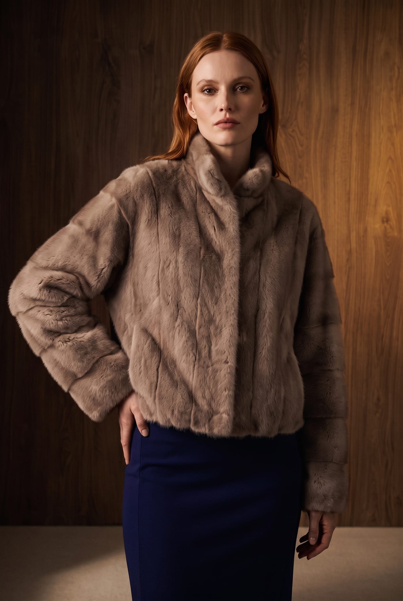 Style 250320 taupe mink jacket with directional panels