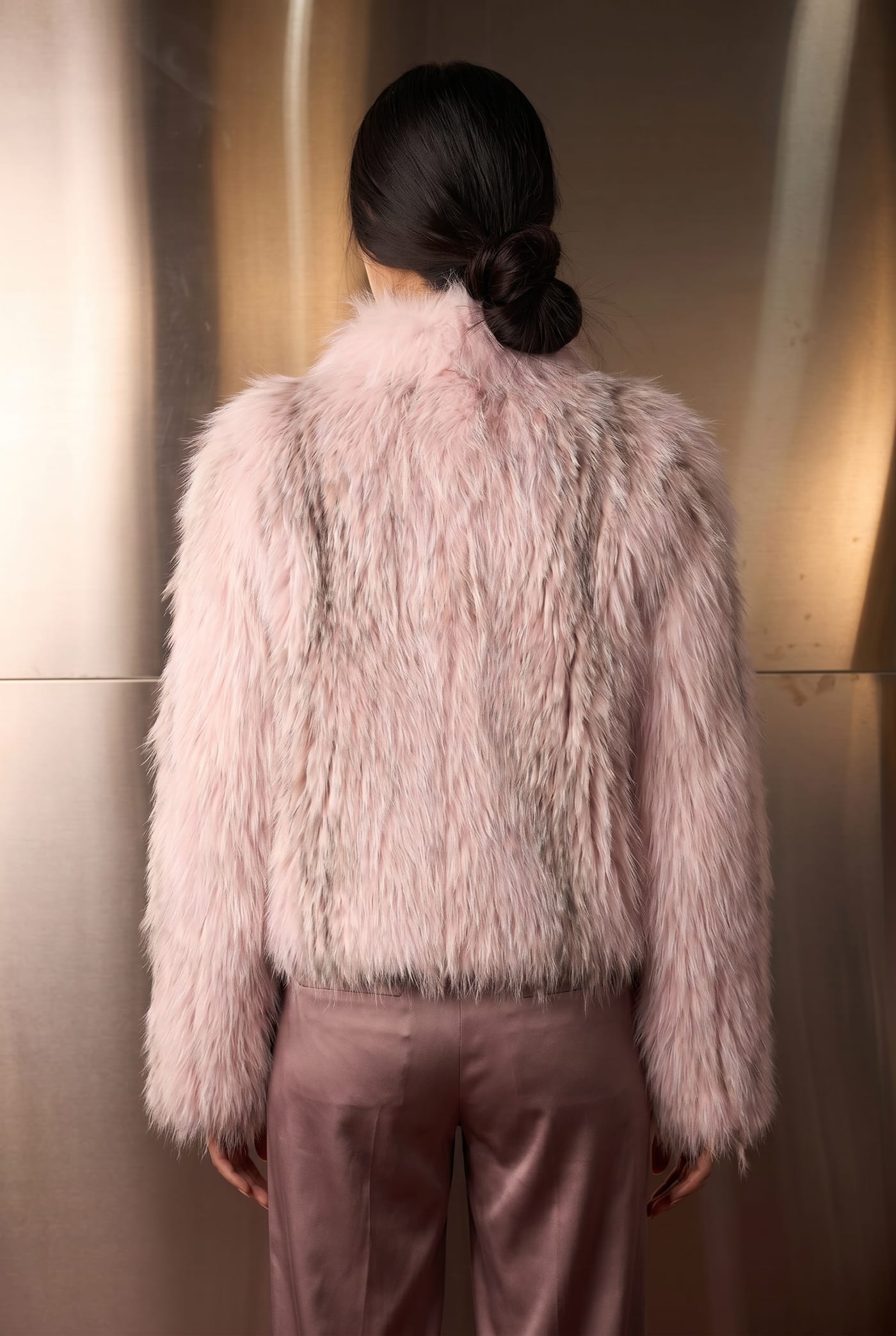 Style 25199 pink marble fox jacket, back view