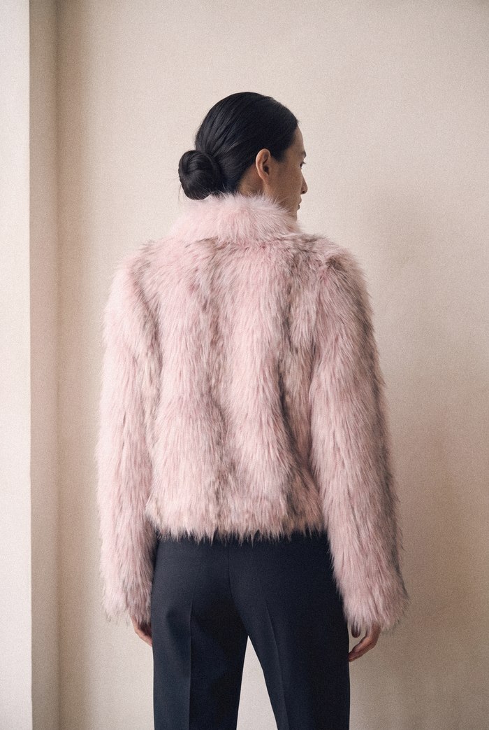 Style 25199 pink marble fox jacket, back view