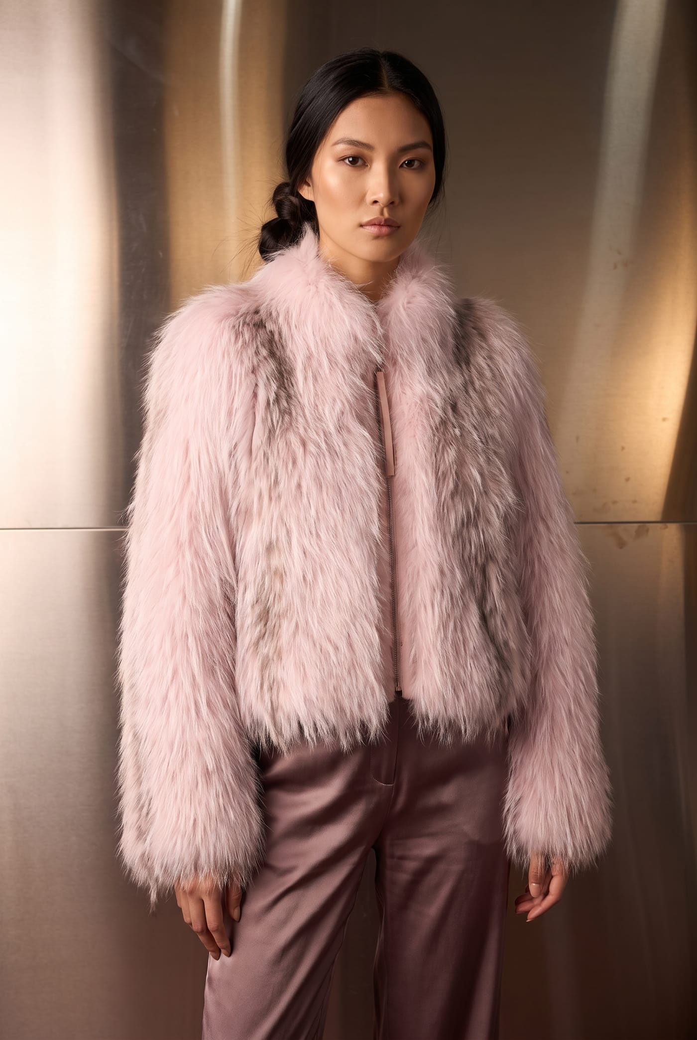 Style 25199 pink marble fox jacket, front