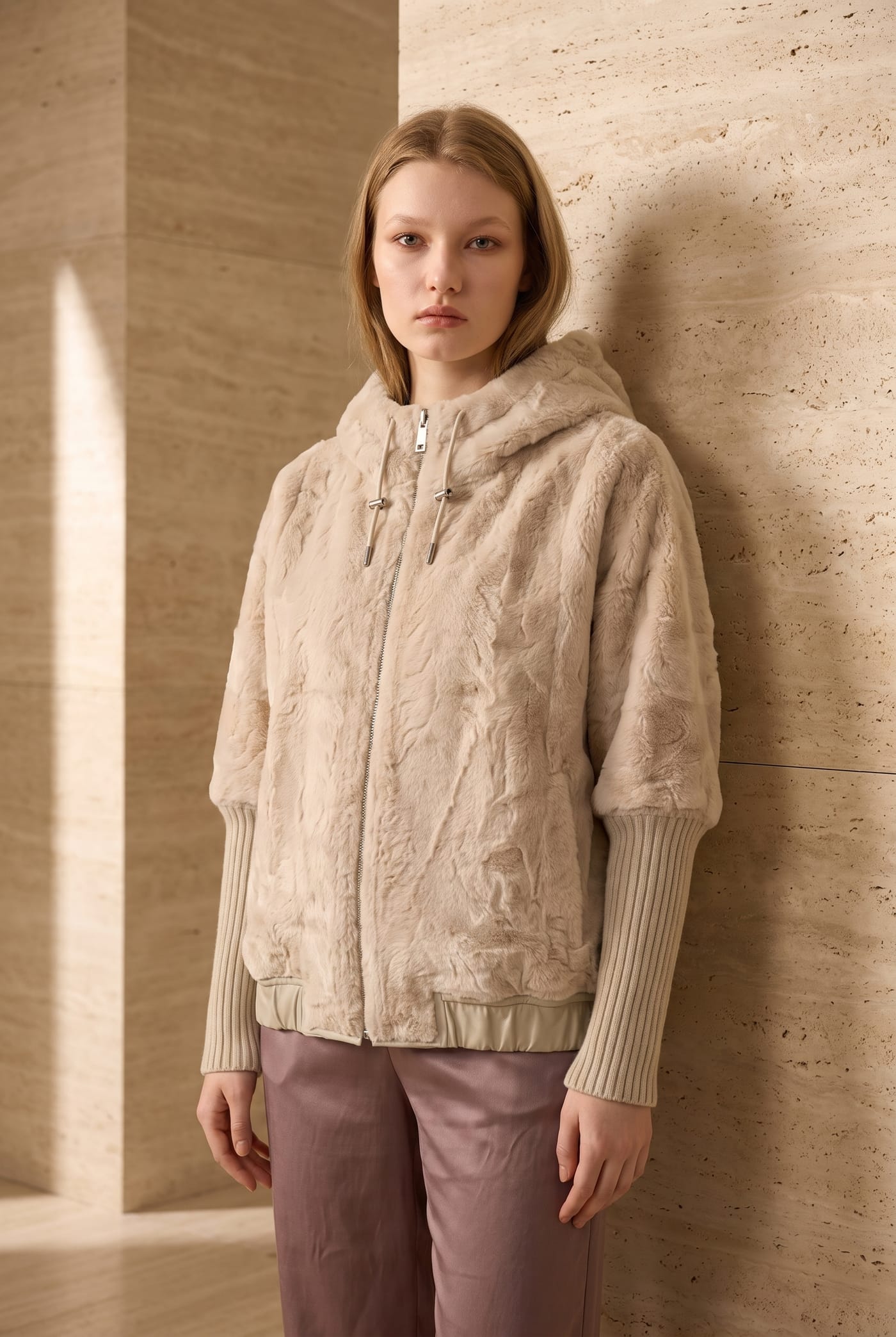 Style 266726 reversible hooded bomber, plush side out