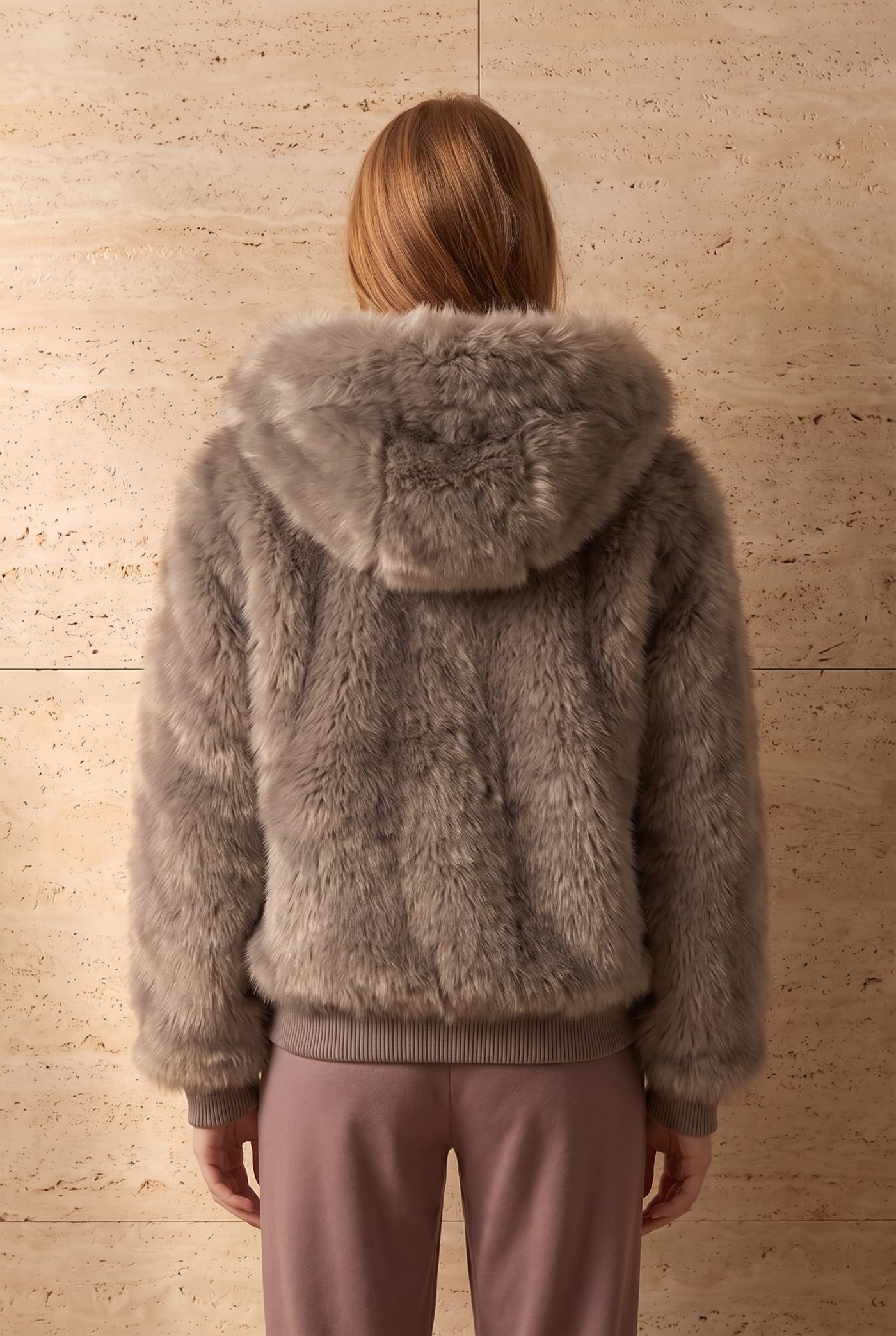 Style 26703 hooded faux fur jacket, back view