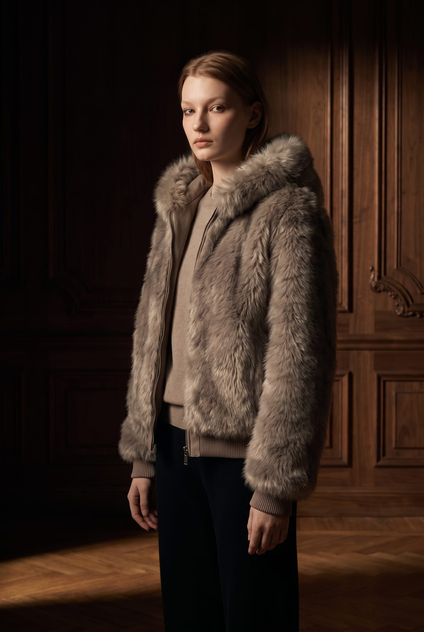 Style 26703 taupe hooded faux fur jacket