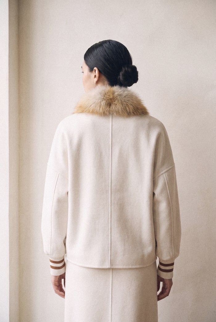 Fox trim cashmere bomber in white, back view