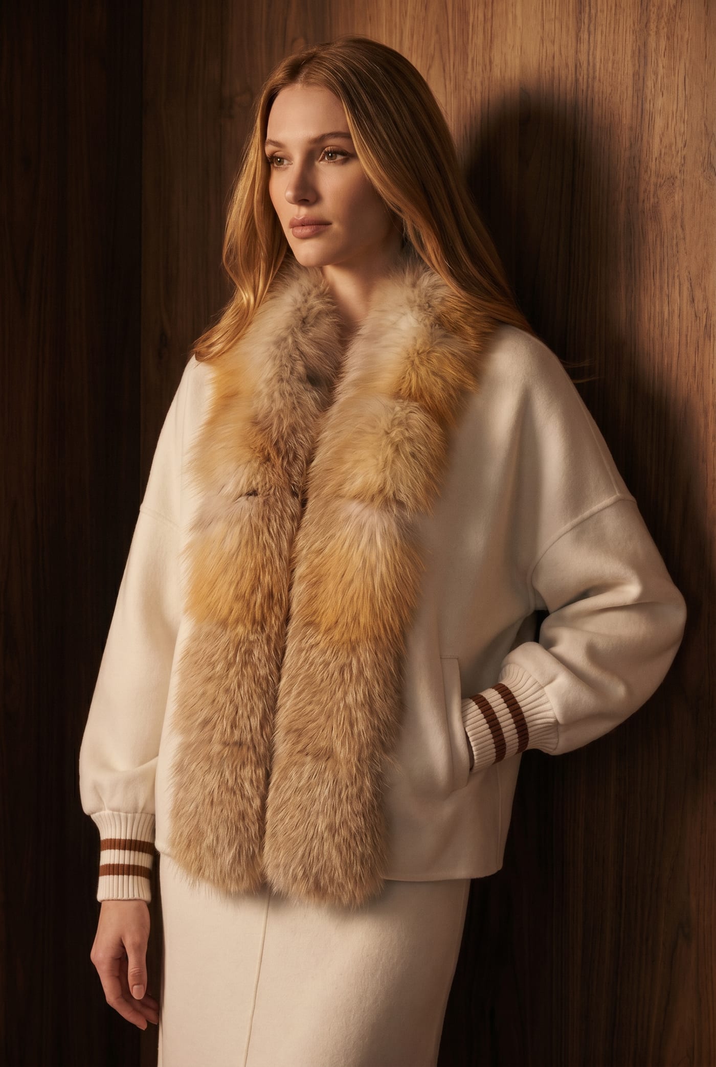Style 355710-1 white cashmere bomber with golden fox trim