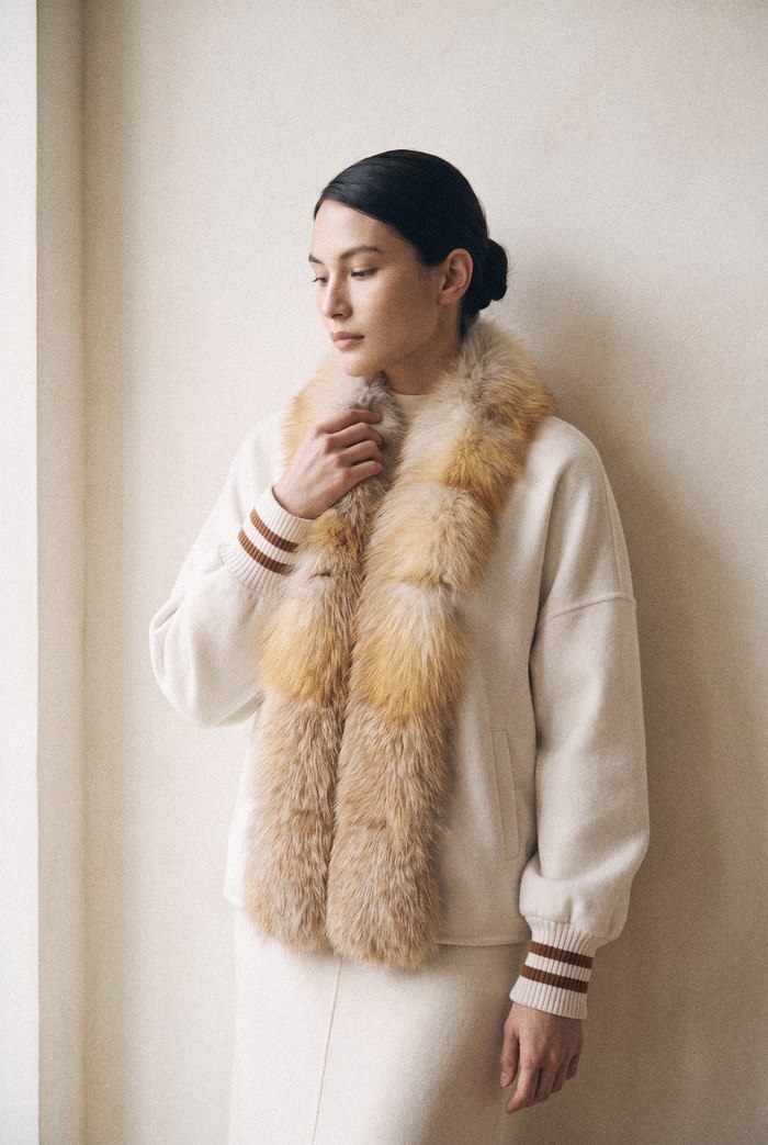 Fox trim cashmere bomber in white, worn