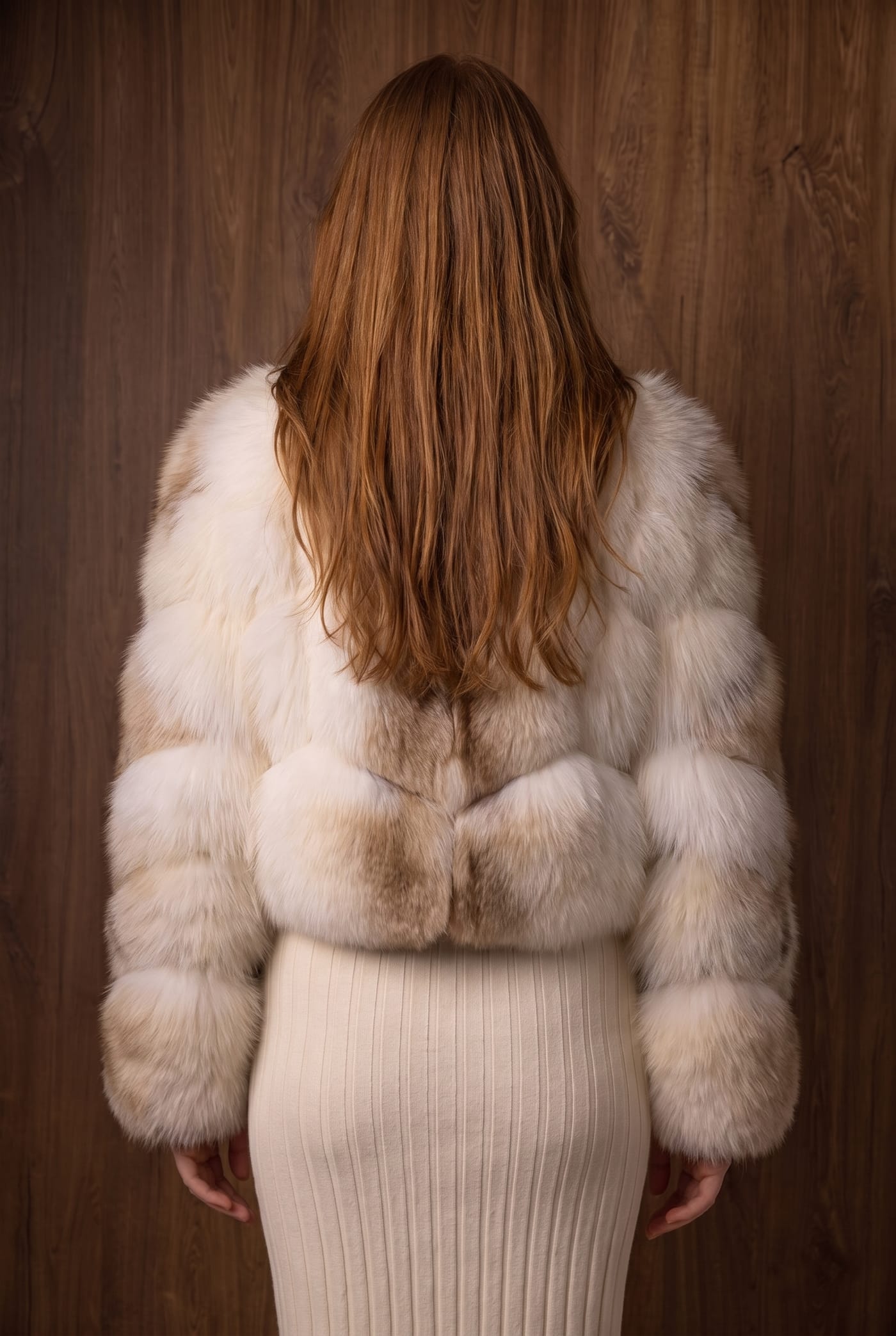 Style 831 marble fox jacket, back view