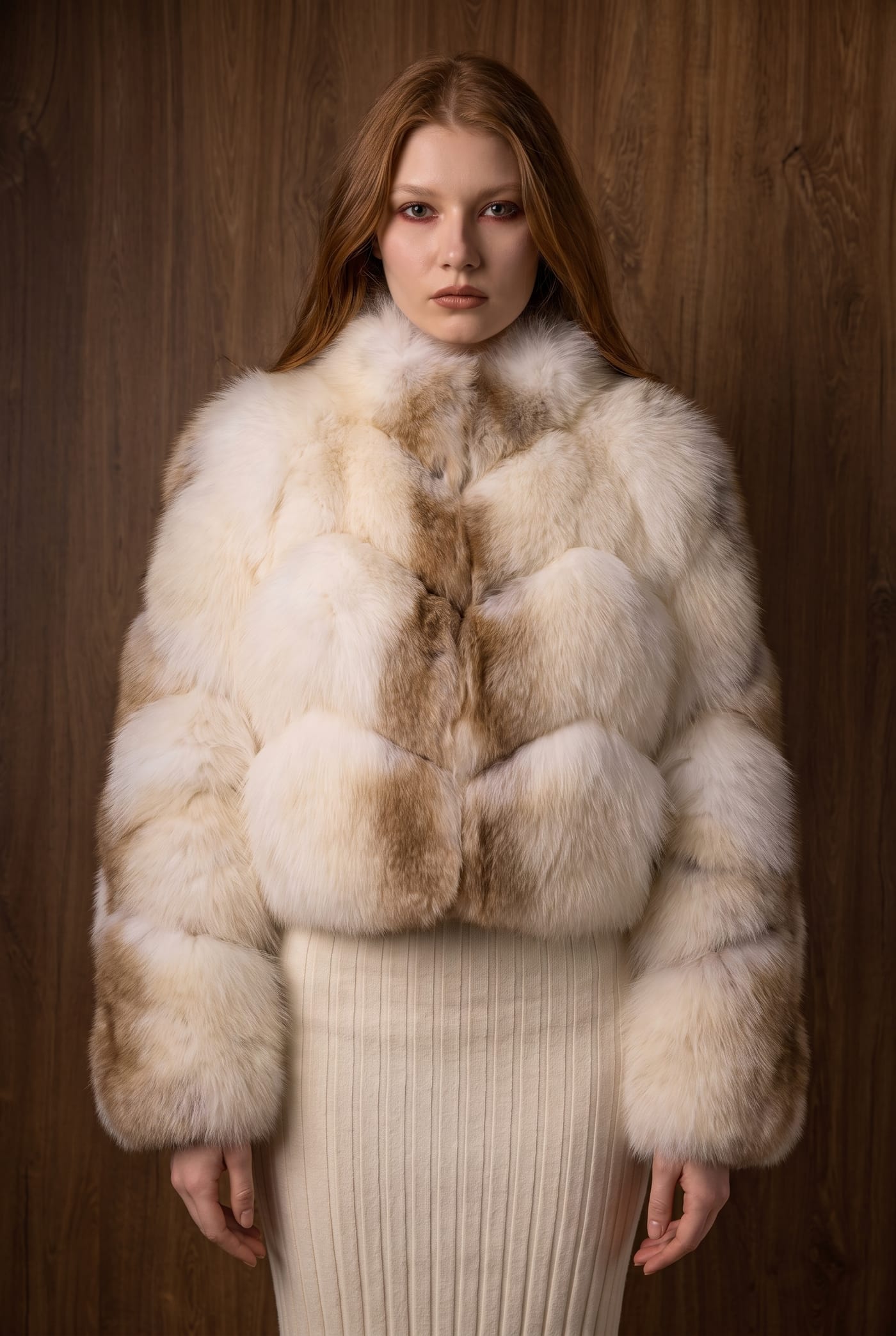 Style 831 marble fox jacket with directional panels, front