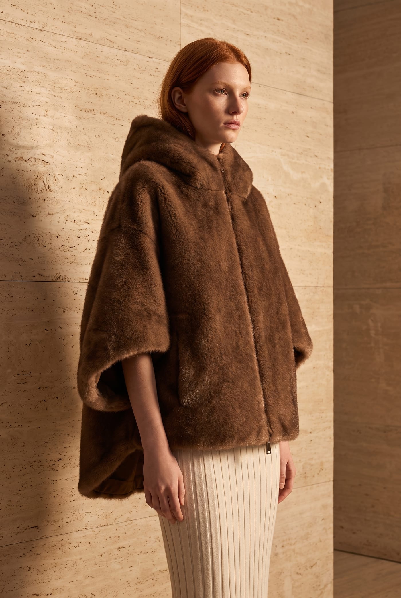 Style LEA reversible faux fur cape in brown, fur side out