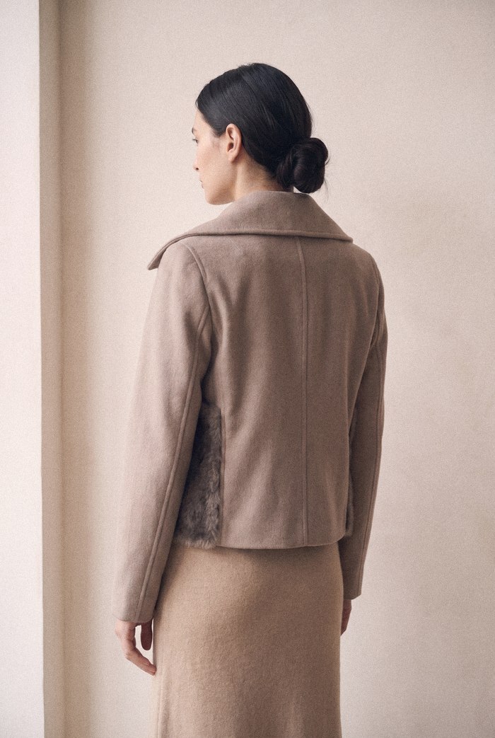 Faux pocket wool jacket in taupe, back view
