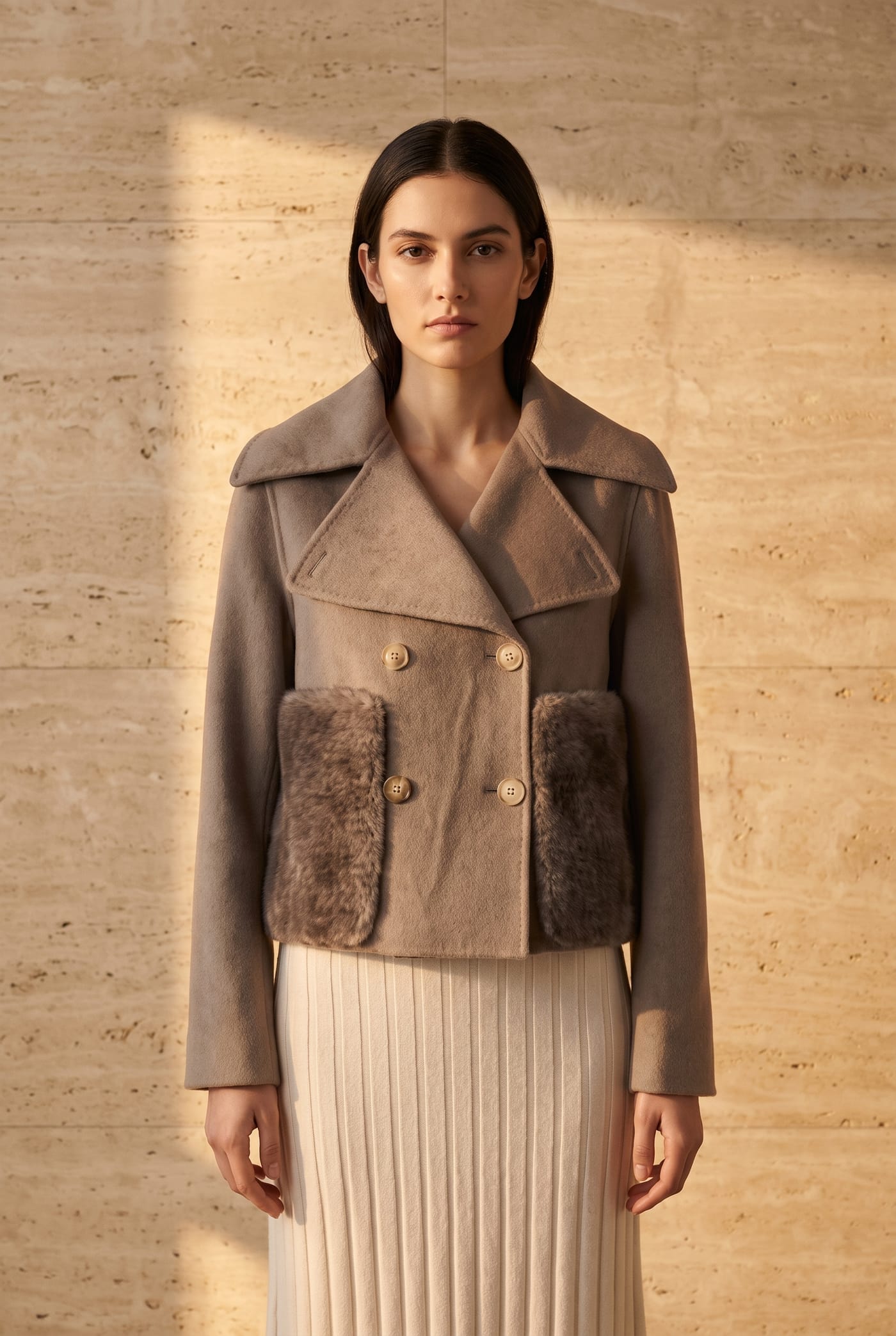 Style WL106 double-breasted wool jacket with faux fur pockets