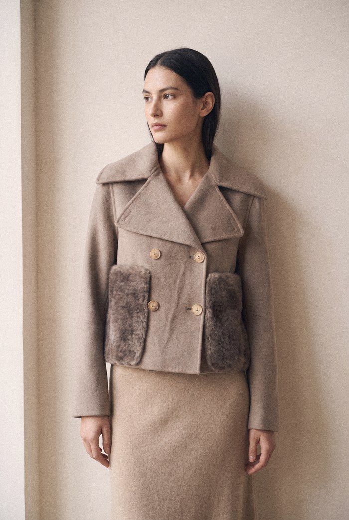 Faux pocket wool jacket in taupe, worn