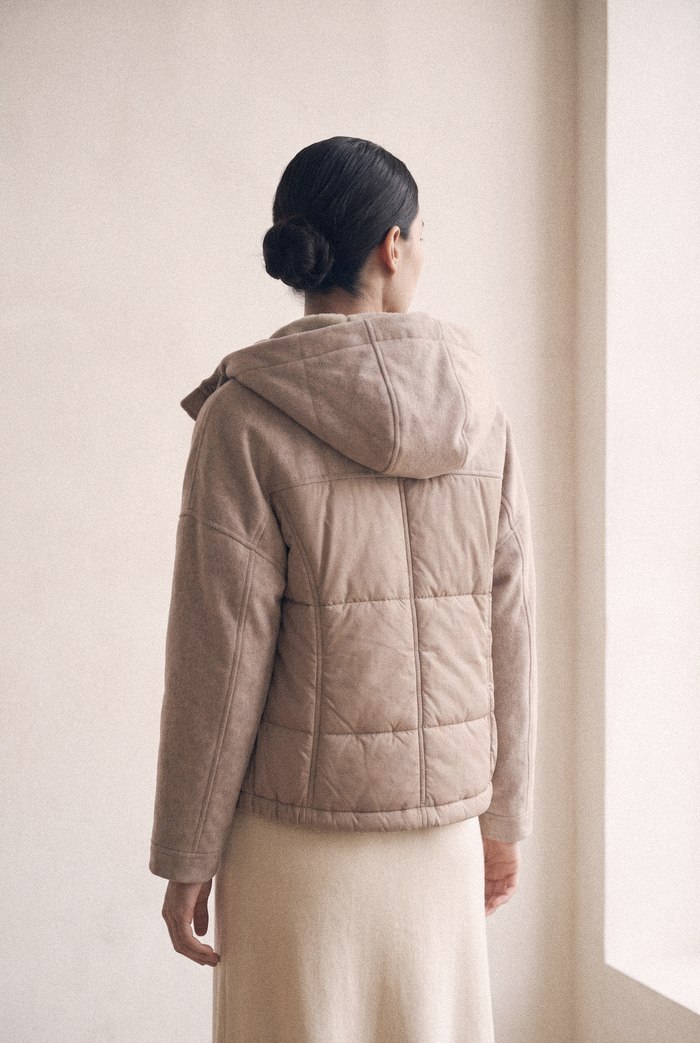 Down vest and wool jacket set in taupe, back view