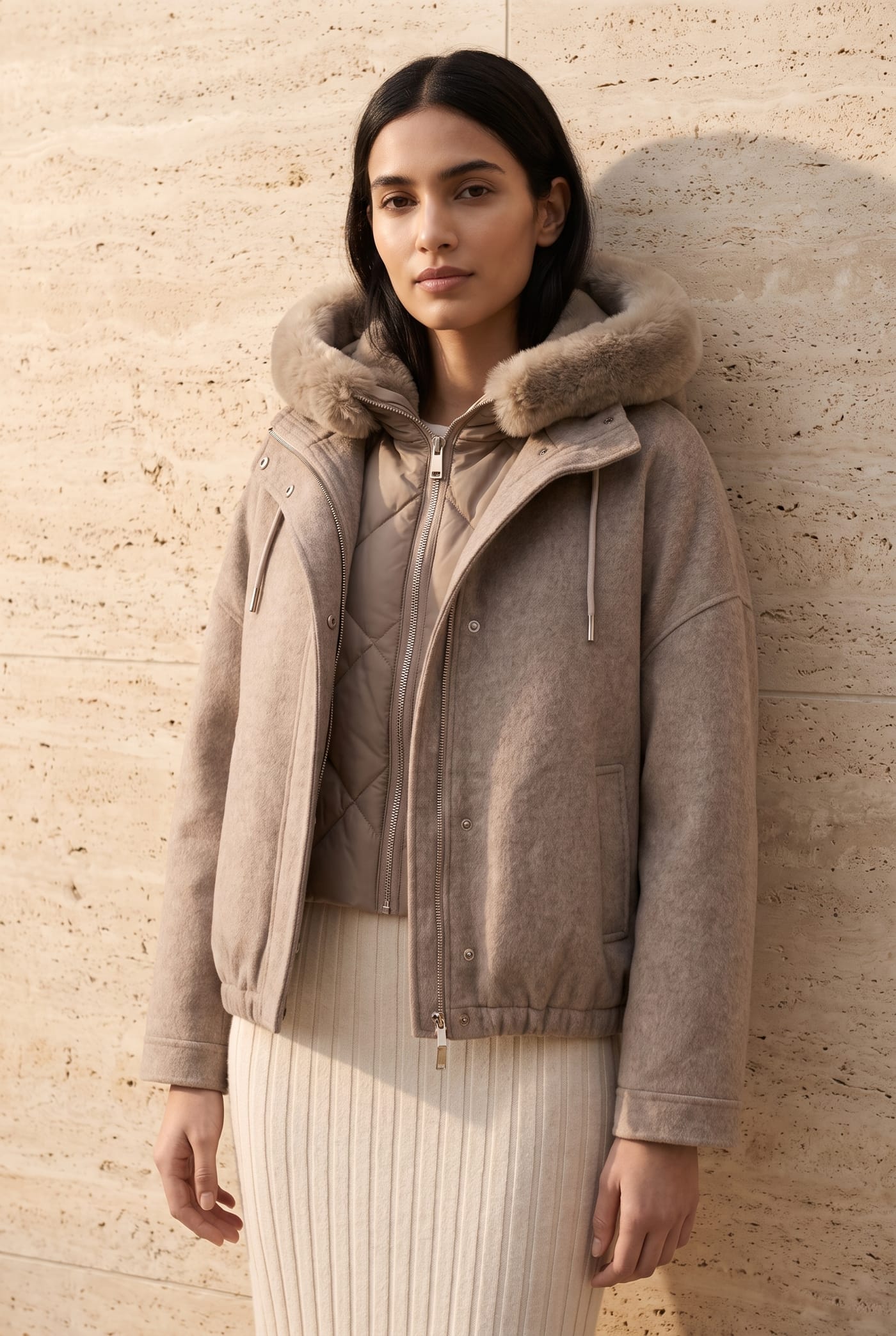 Style BRUNA down vest and wool jacket set in taupe, front