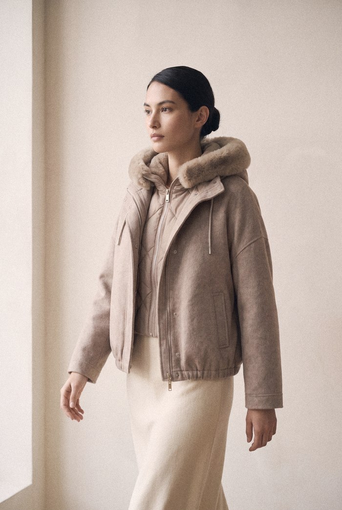Down vest and wool jacket set in taupe, worn