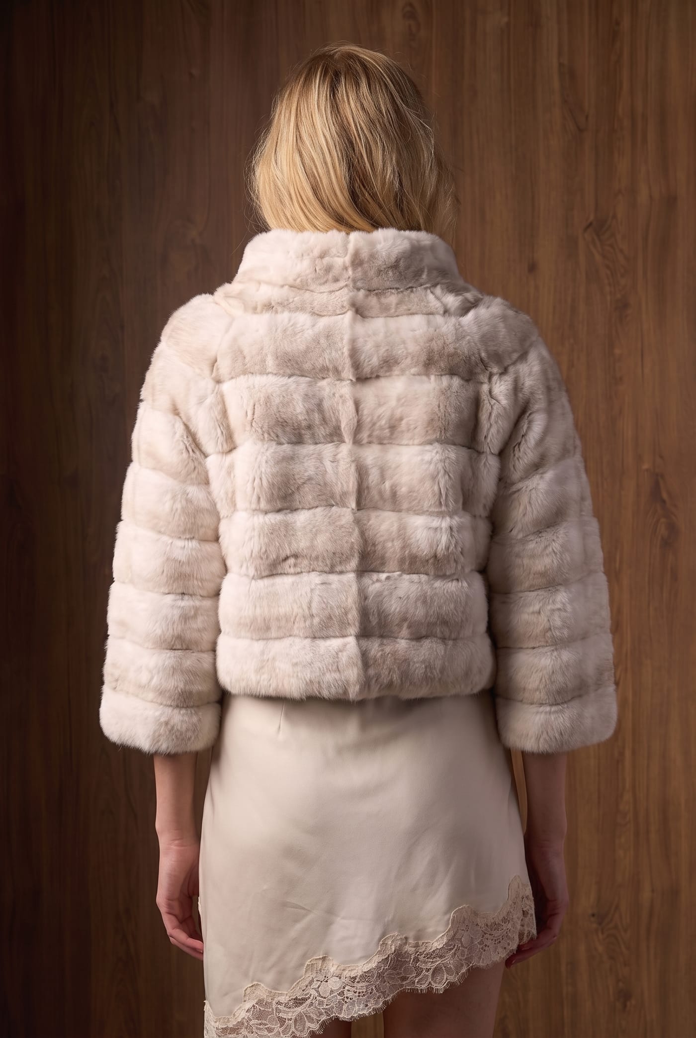 Style CF611 cropped chinchilla jacket, back view