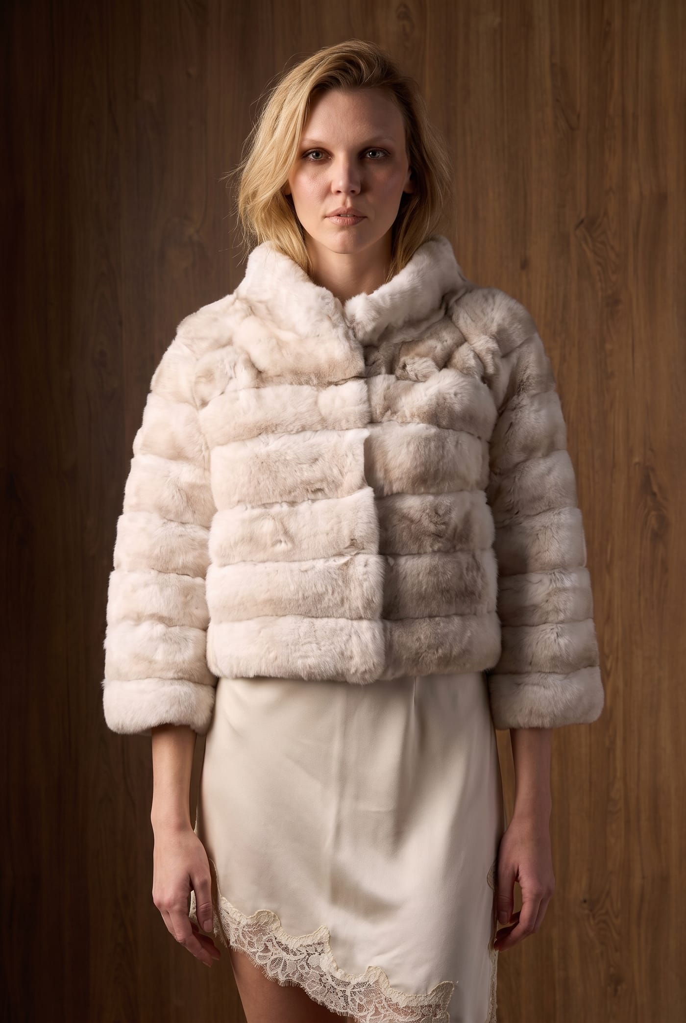 Style CF611 cropped chinchilla jacket in white, front