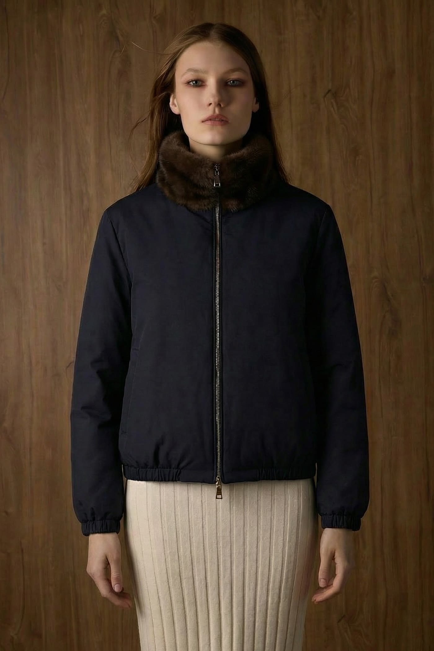 Style FW26-M26 reversed: navy rain-system side with fur collar