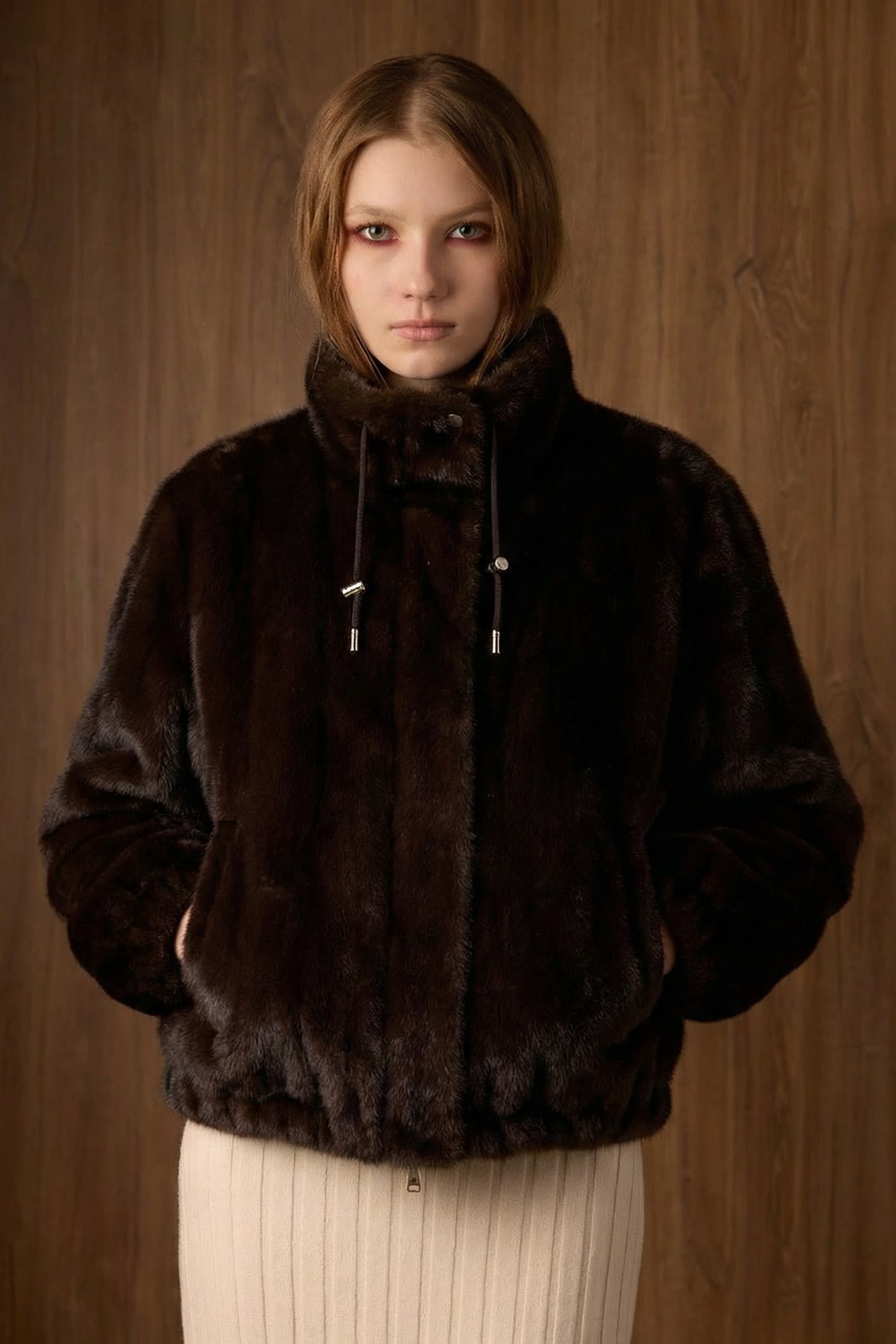 Style FW26-M26 espresso faux fur jacket, front