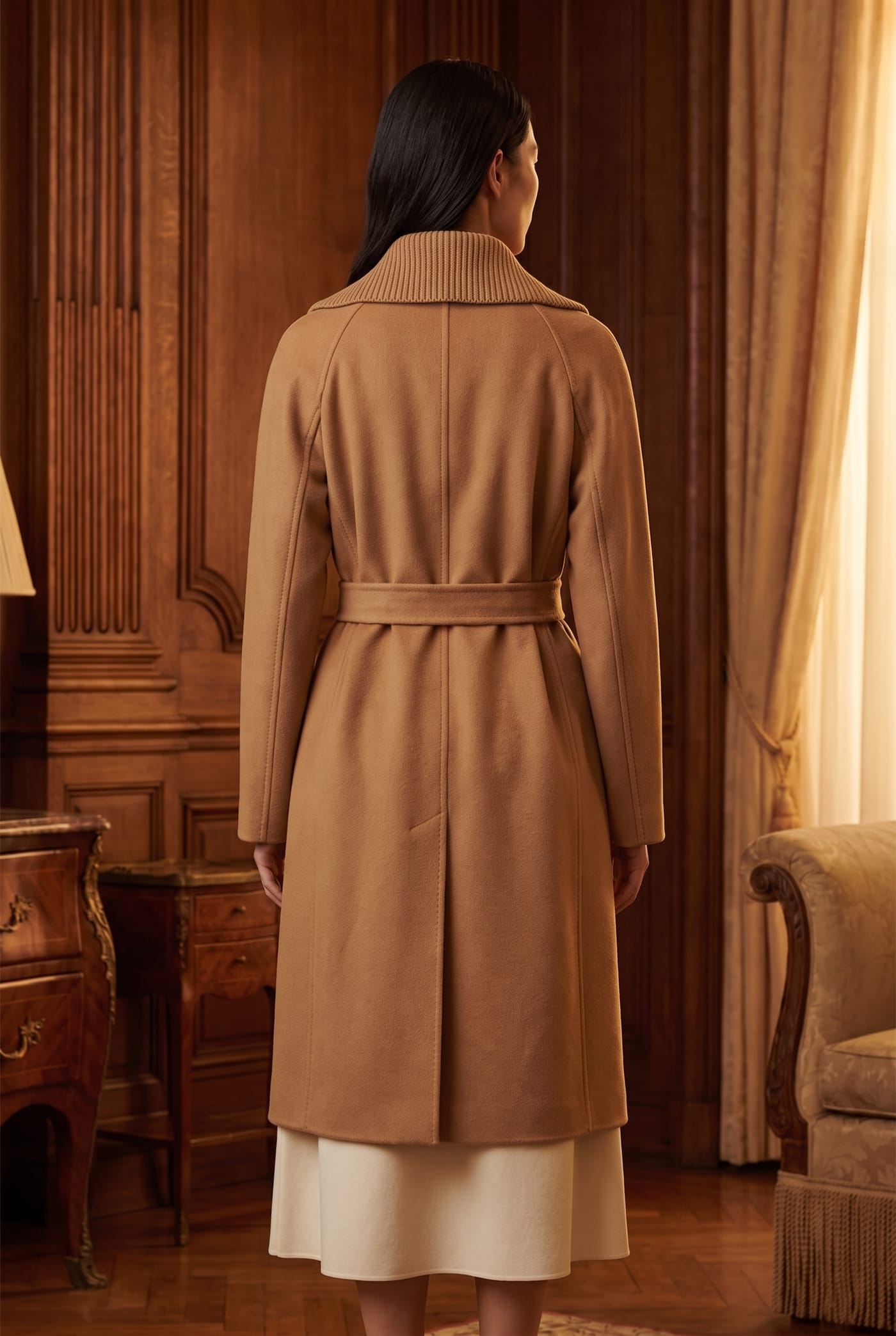 Style JT06 belted coat, back view