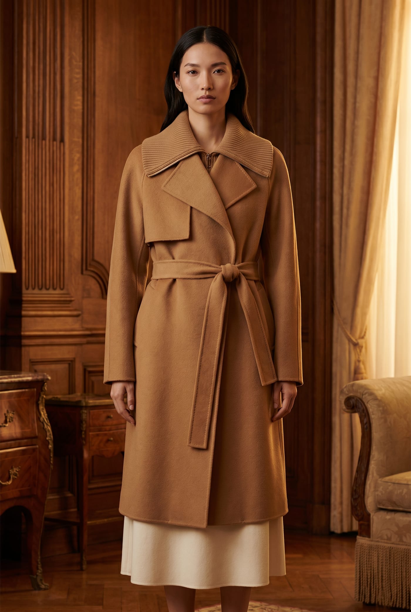 Style JT06 camel belted coat with ribbed knit collar